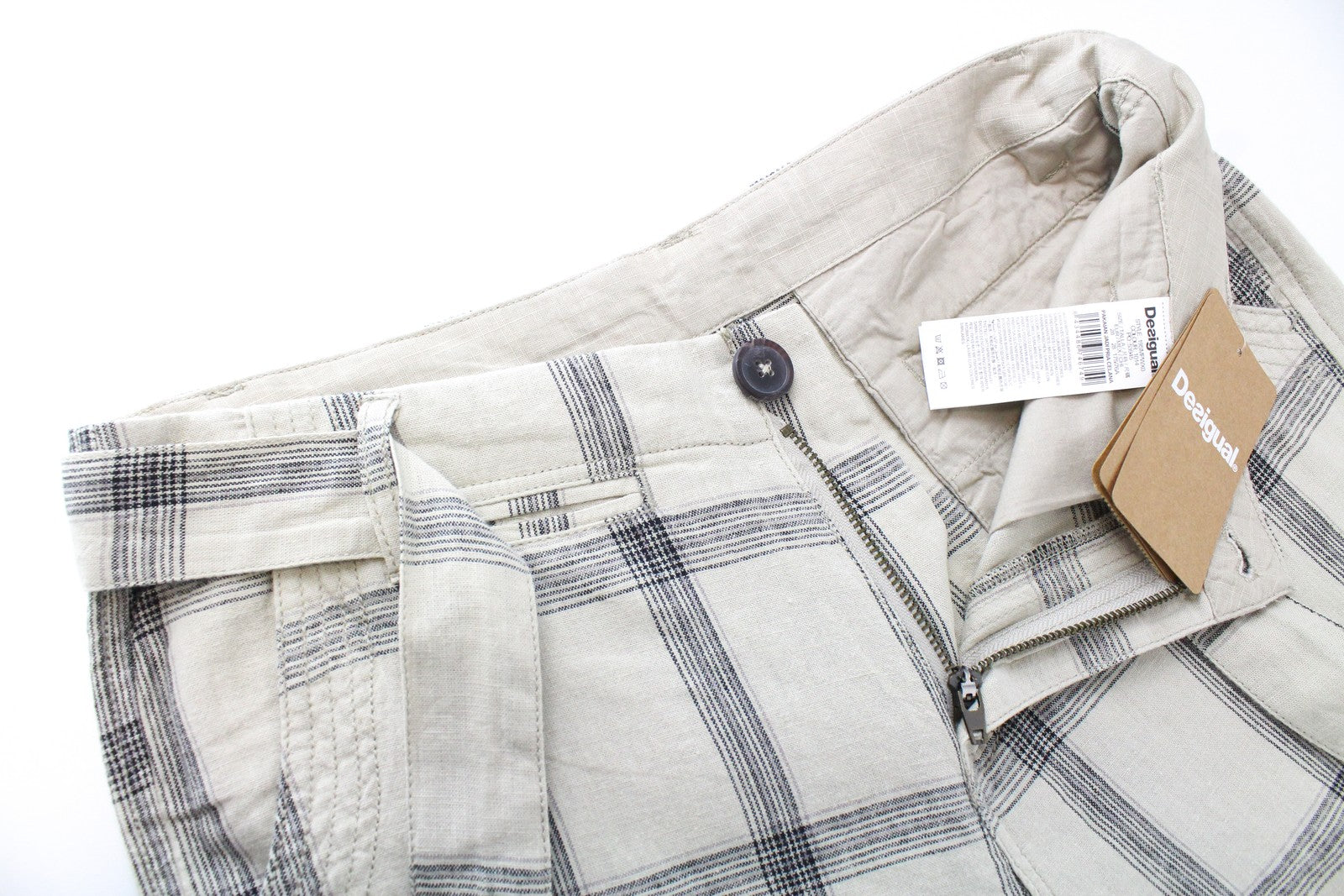 DESIGUAL Marc Cargo šortai 28 vyriški lininio audinio rudi languoti šortai su keliomis kišenėmis 