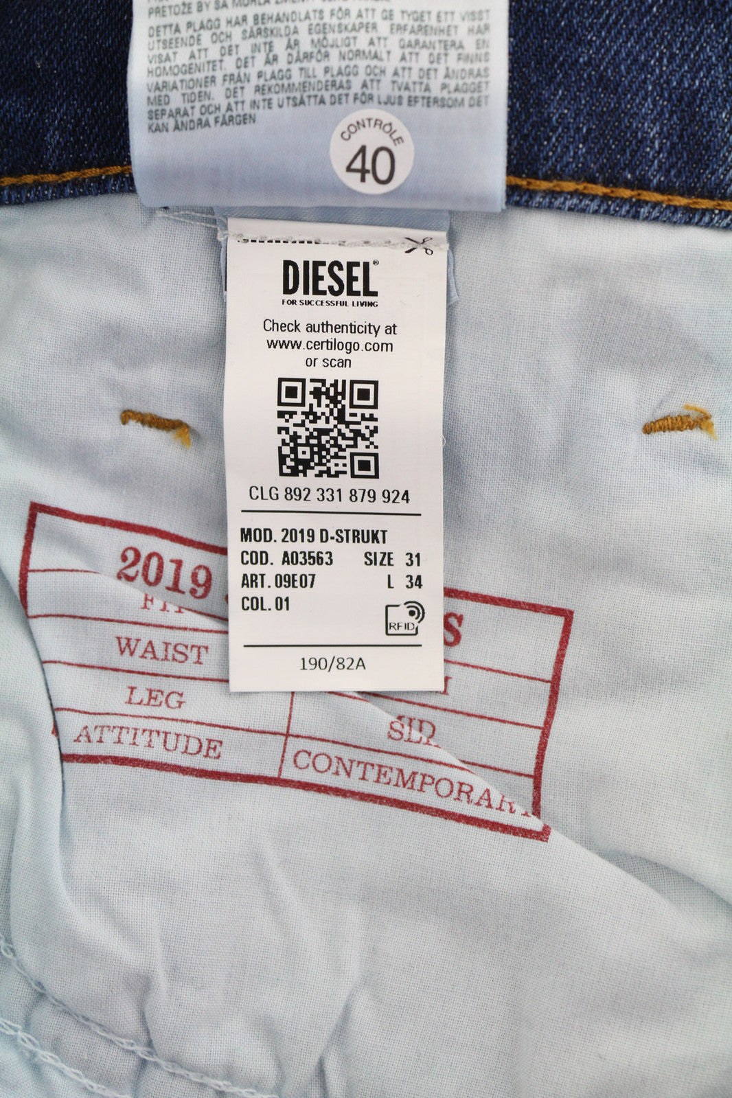 DIESEL 2019 D-Strukt 09E07 vyriški džinsai W31/L34 Slim Fit vidutinio juosmens, skalbti 