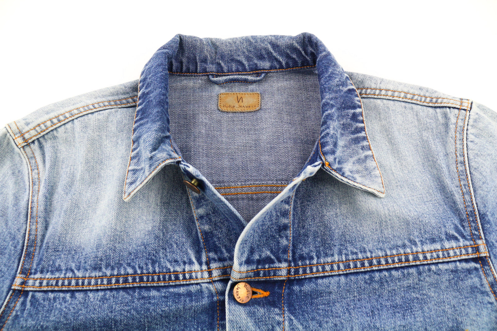 NUDIE Ronny Rig Bossa Hawk vyriška striukė M mėlyna PL kaklo iškirpte be pamušalo, kišenės išblukusios 