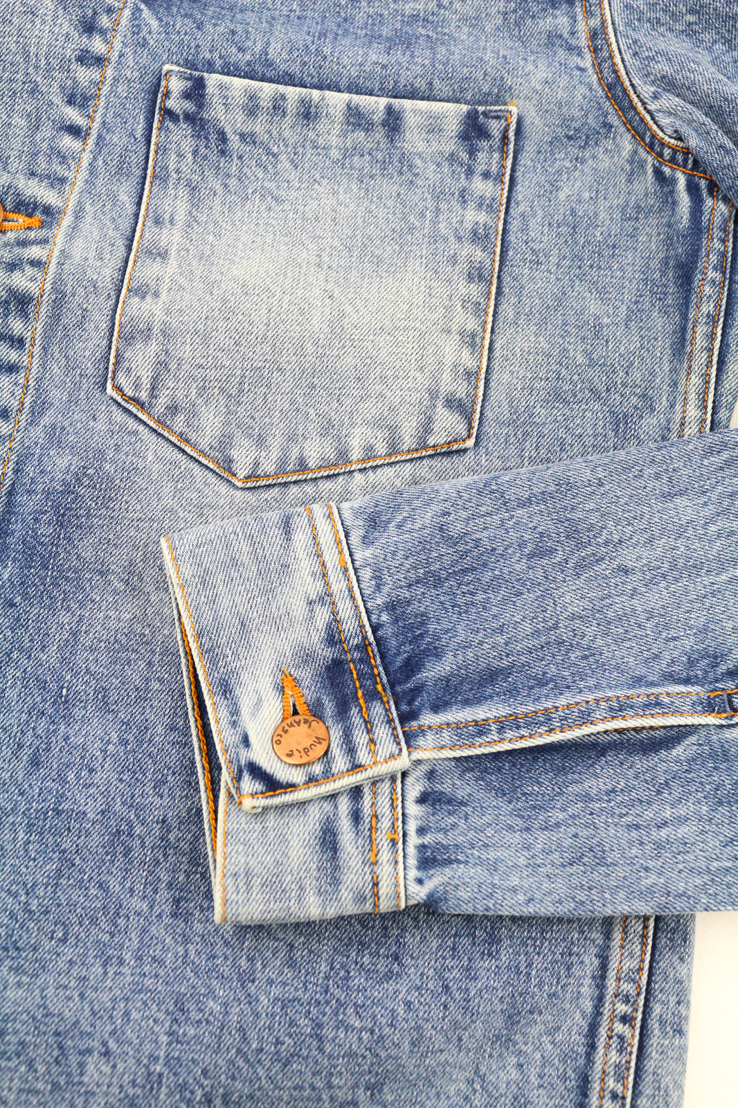 NUDIE Ronny Rig Bossa Hawk vyriška striukė M mėlyna PL kaklo iškirpte be pamušalo, kišenės išblukusios 