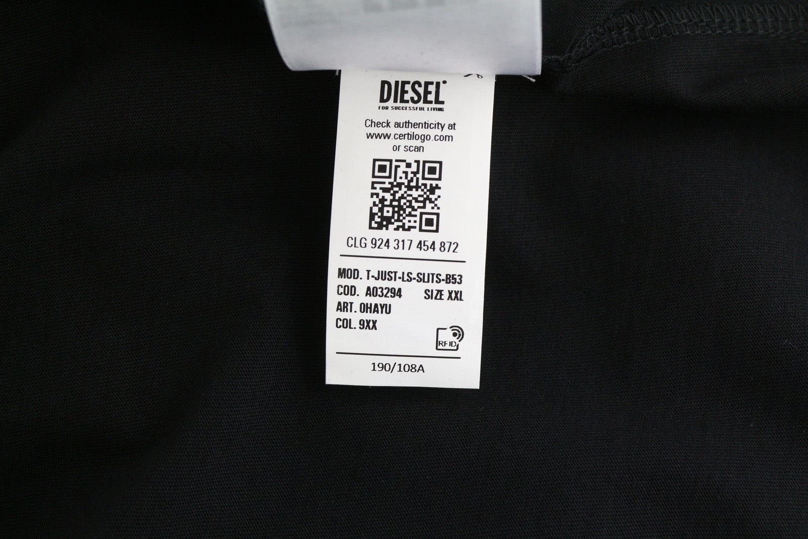 DIESEL T-Just-LS-Slits-B53 Men T-Shirt 2XL Black Pullover Crew Neck Cotton