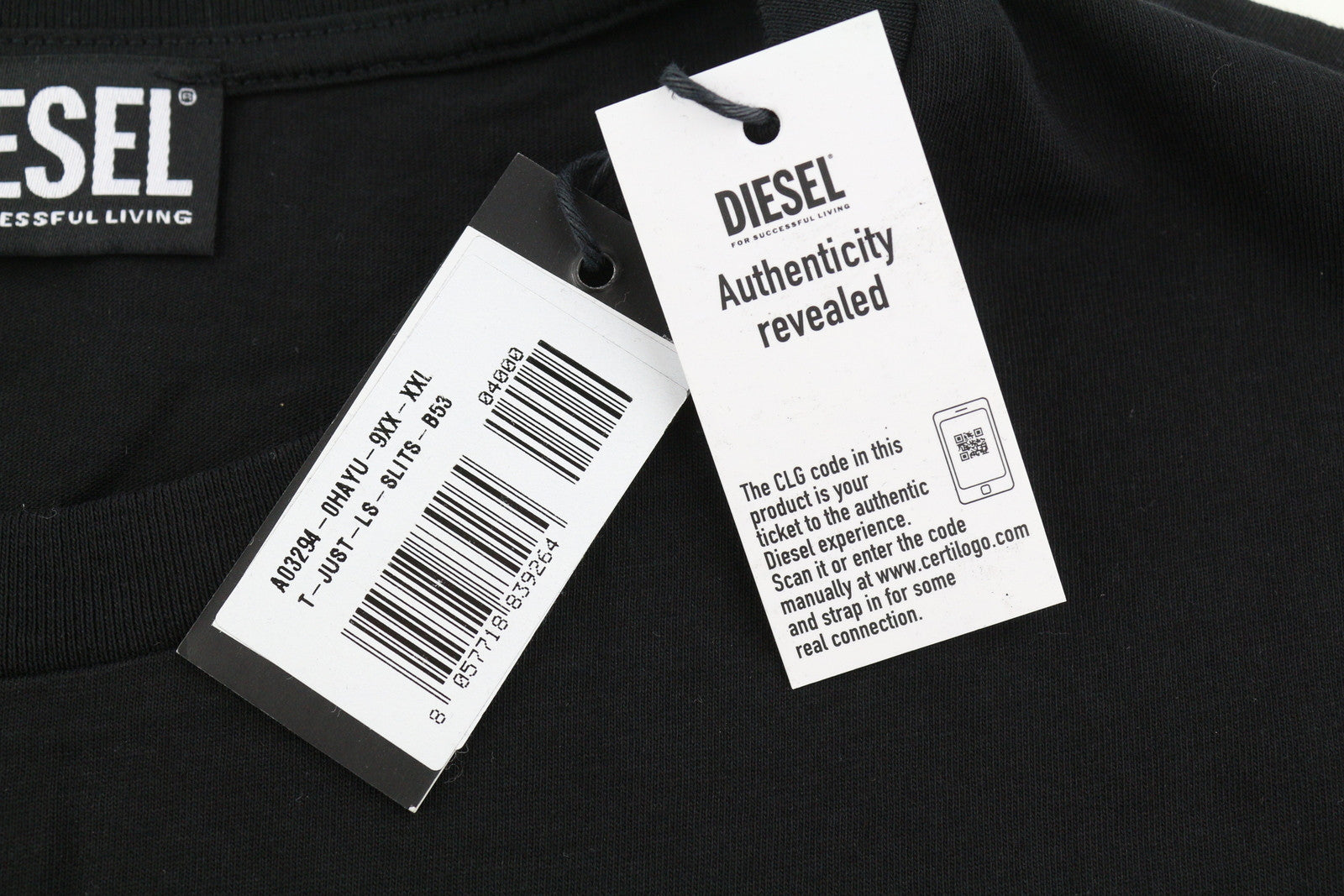 DIESEL T-Just-LS-Slits-B53 Men T-Shirt 2XL Black Pullover Crew Neck Cotton