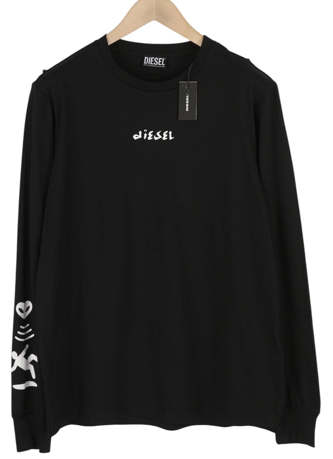 DIESEL T-Just-LS-Slits-B53 Men T-Shirt M Black Pullover Crew Collar Cotton Logo