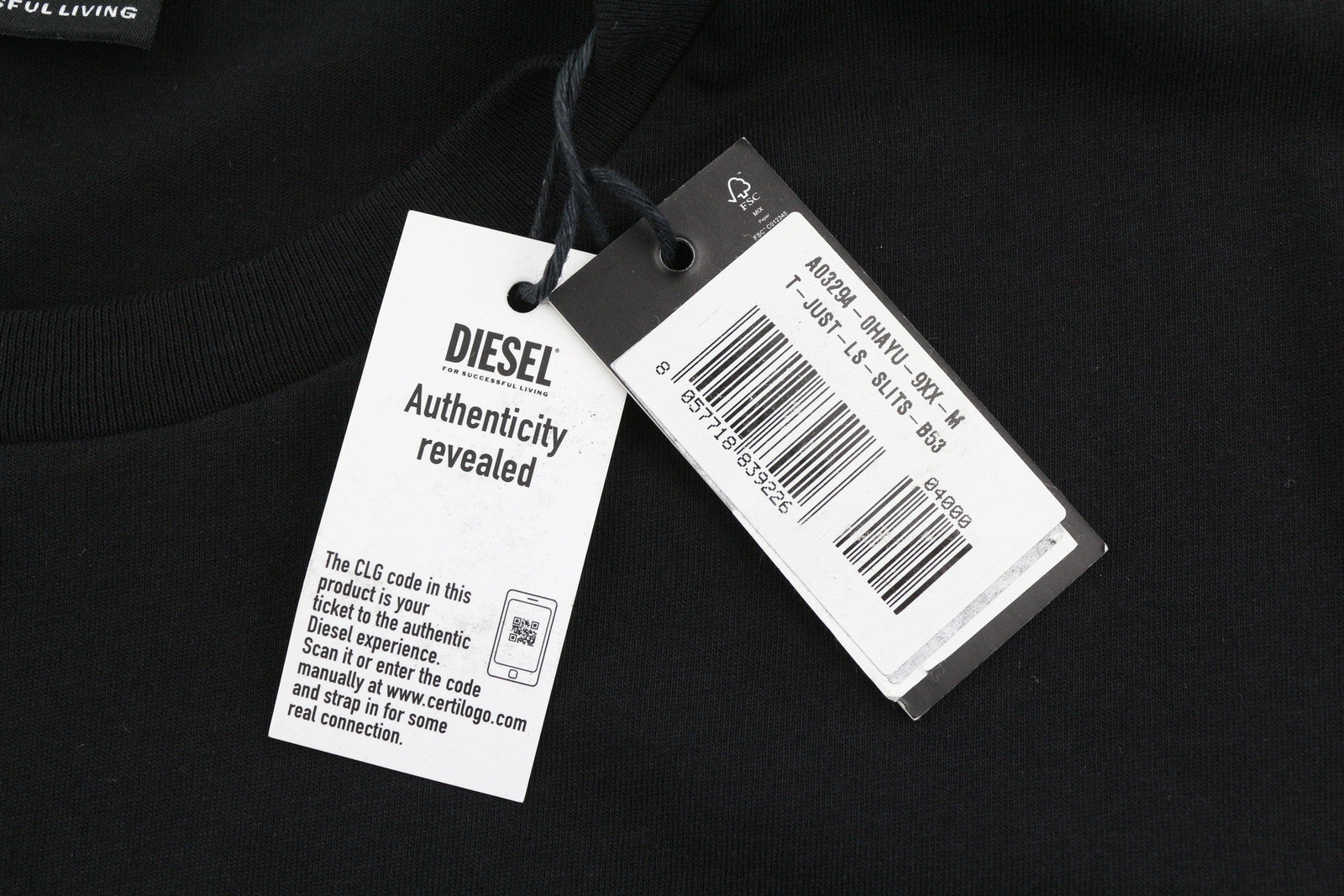 DIESEL T-Just-LS-Slits-B53 Men T-Shirt M Black Pullover Crew Collar Cotton Logo