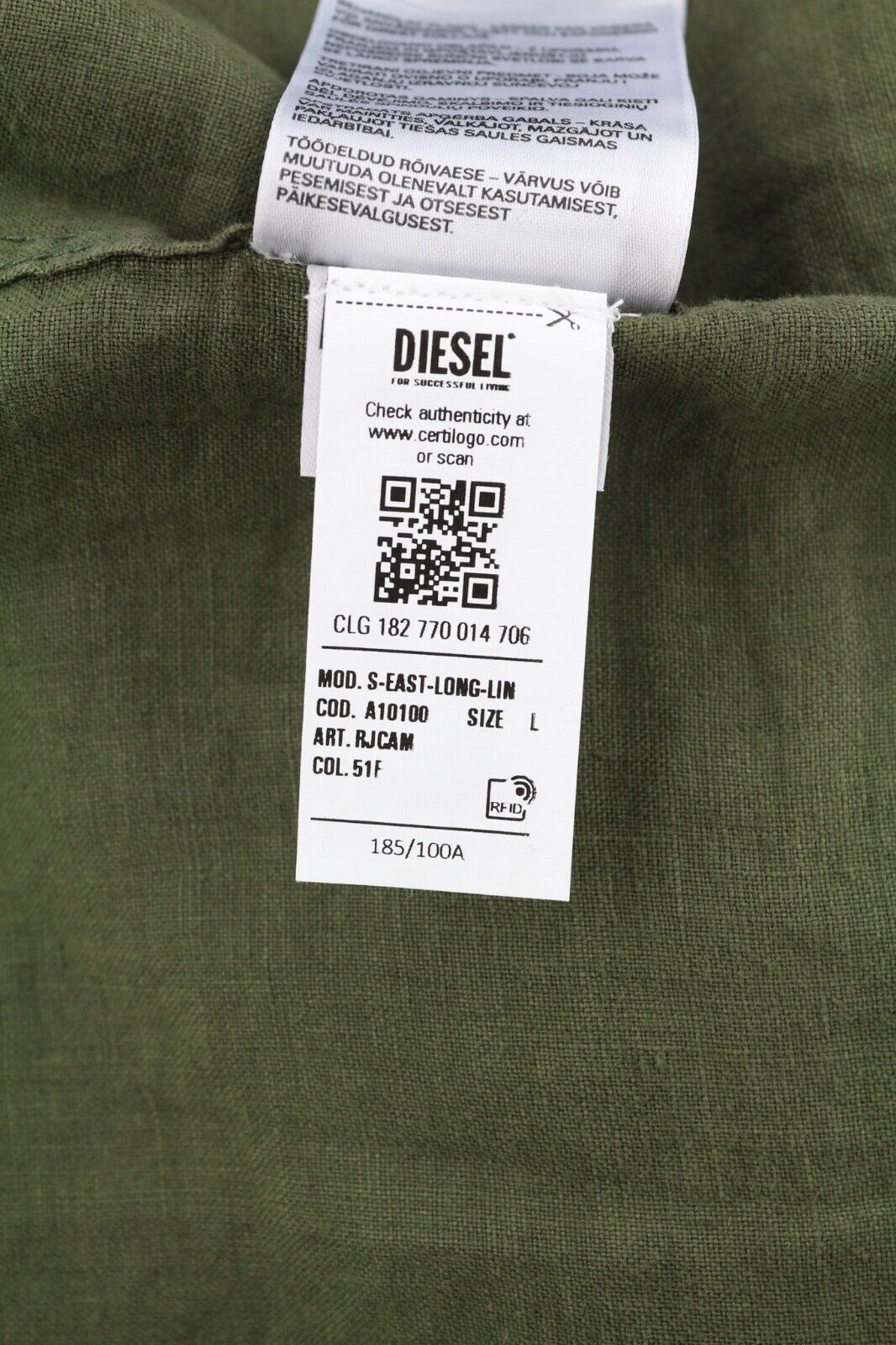 DIESEL S-East-Long-Lin vyriški marškinėliai L dydžio, alyvuogių žali, lininiai, išskleidžiama apykaklė, rekomenduojama kaina – 175 € 