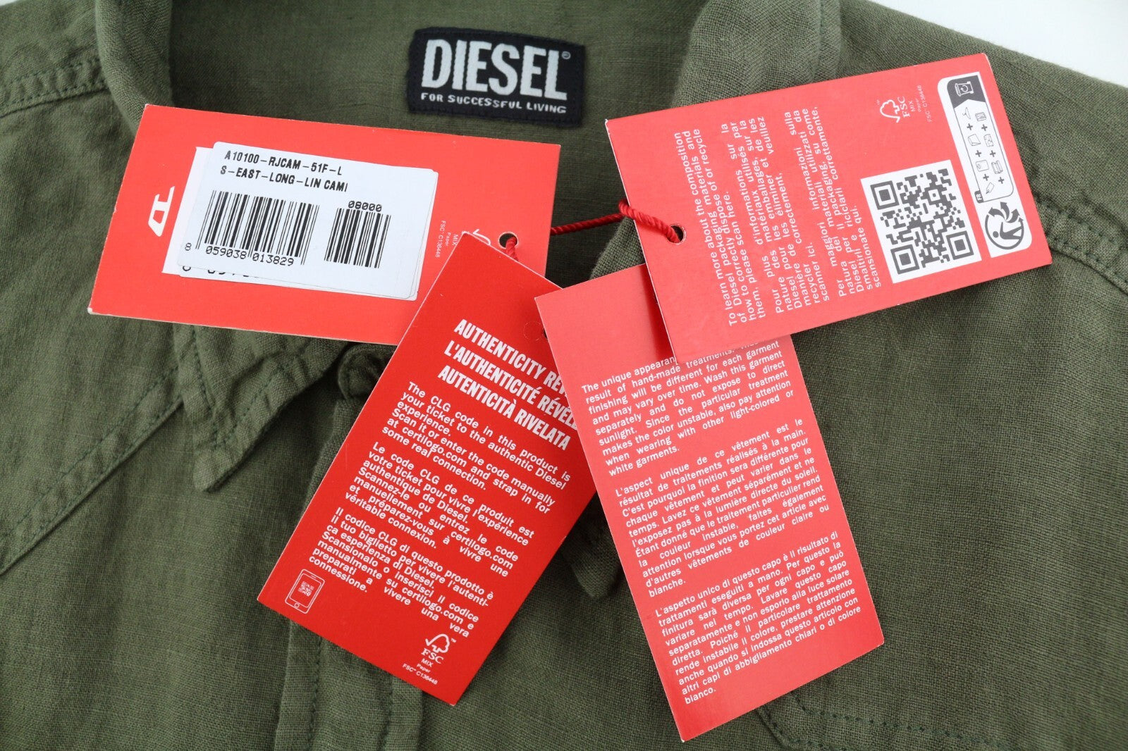 DIESEL S-East-Long-Lin vyriški marškinėliai L dydžio, alyvuogių žali, lininiai, išskleidžiama apykaklė, rekomenduojama kaina – 175 € 