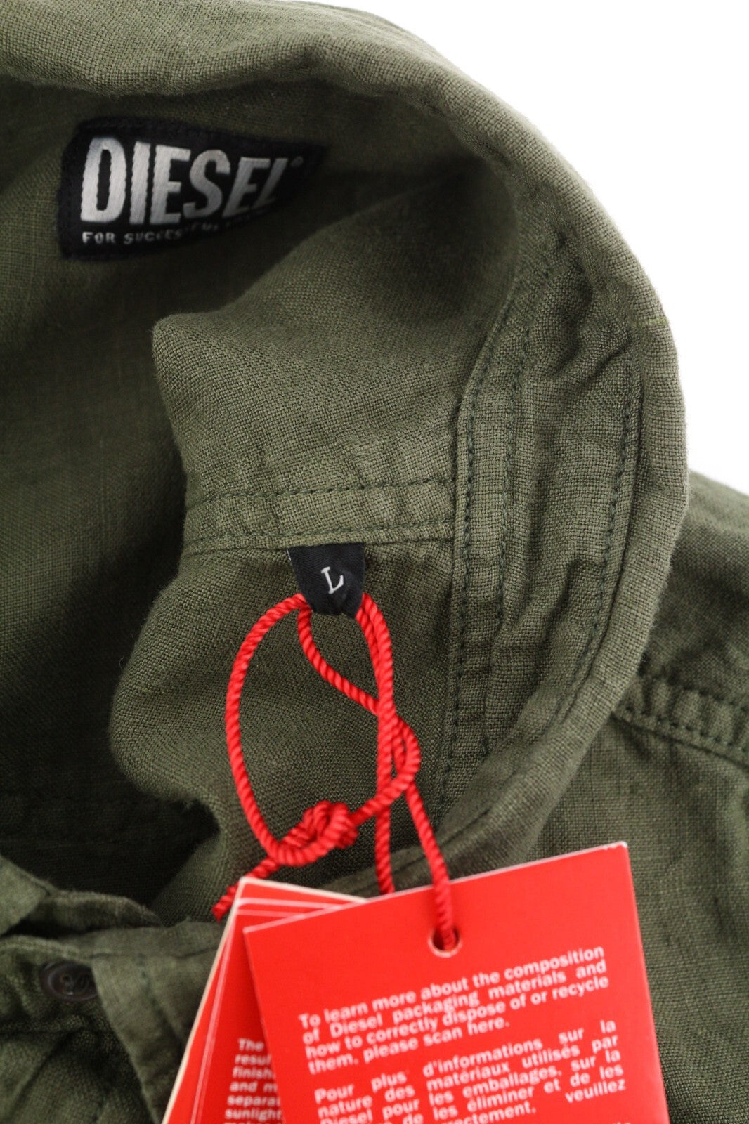 DIESEL S-East-Long-Lin vyriški marškinėliai L dydžio, alyvuogių žali, lininiai, išskleidžiama apykaklė, rekomenduojama kaina – 175 € 