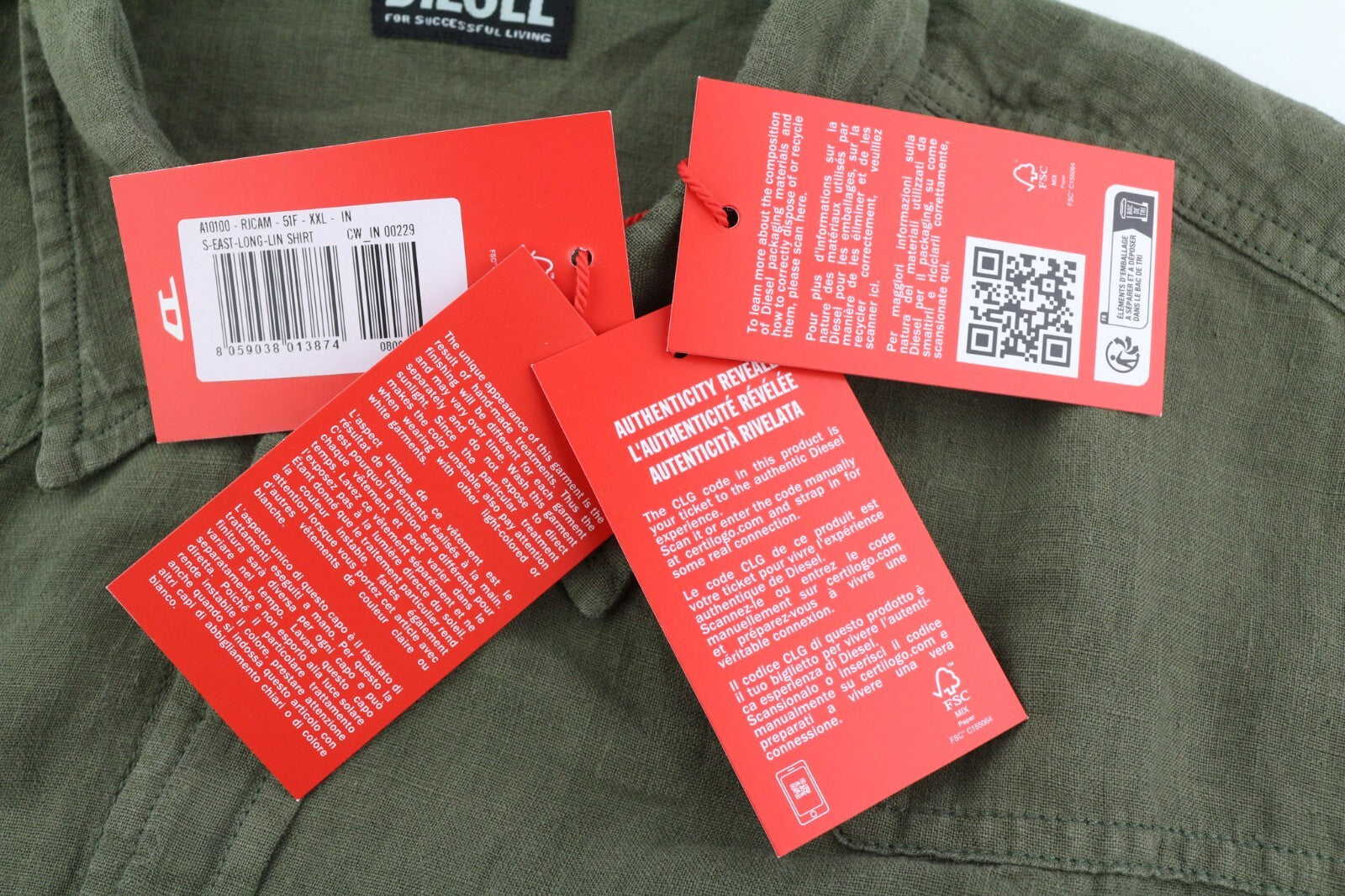 DIESEL S-East-Long-Lin vyriški marškinėliai, 2XL, alyvuogių žali, lininiai su sagomis, rekomenduojama kaina – 175 € 