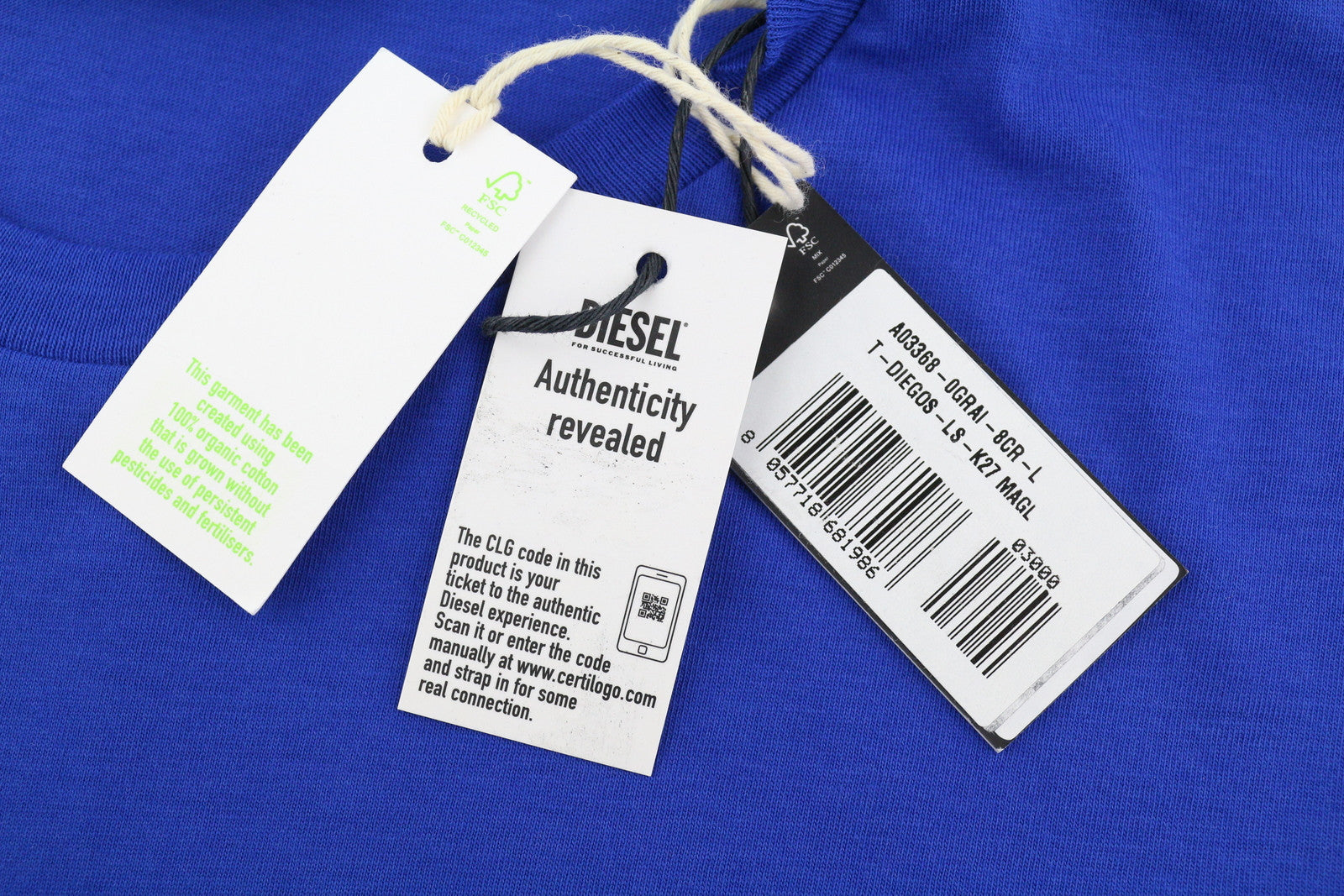 DIESEL T-Diegos-LS-K27 vyriški marškinėliai L dydžio, mėlyni, megztiniai su apvalia kaklu ir logotipu, medvilniniai