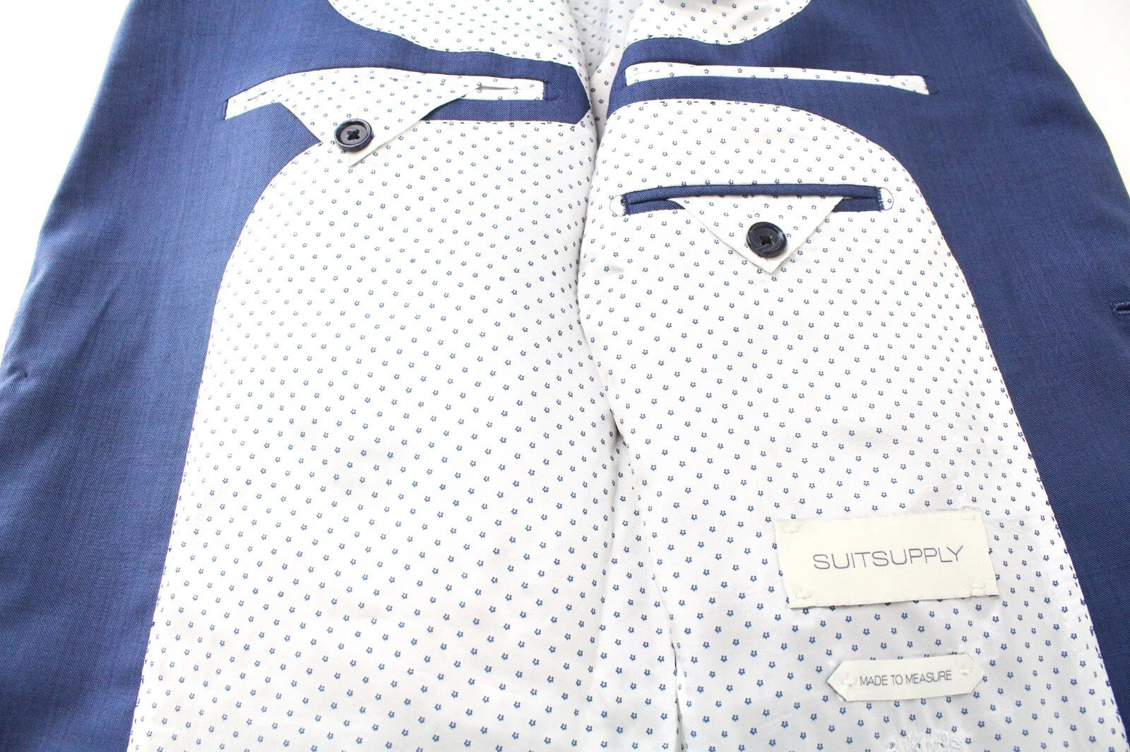SUITSUPPLY vyriškas švarkas UK44 mėlynas Lazio vilnonis švarkas su įpjovomis atvarte ir pamušalu klasikinis 
