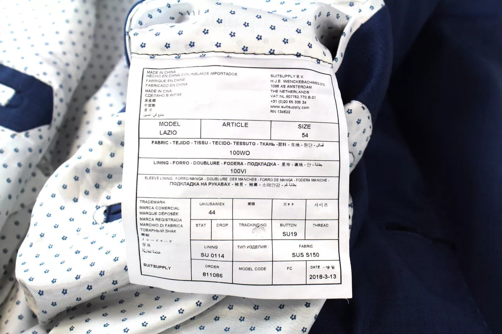 SUITSUPPLY vyriškas švarkas UK44 mėlynas Lazio vilnonis švarkas su įpjovomis atvarte ir pamušalu klasikinis 