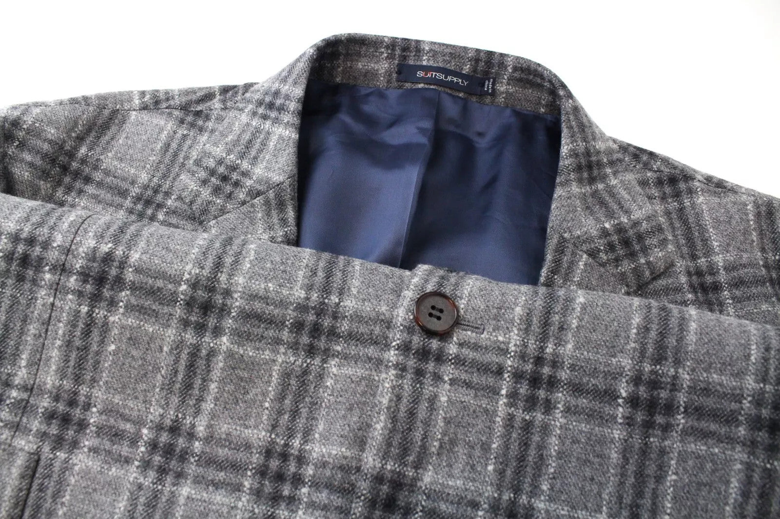 SUITSUPPLY UK54R vyriškas švarkas pilkas languotas havanos vilnonis kašmyro pamušalas 