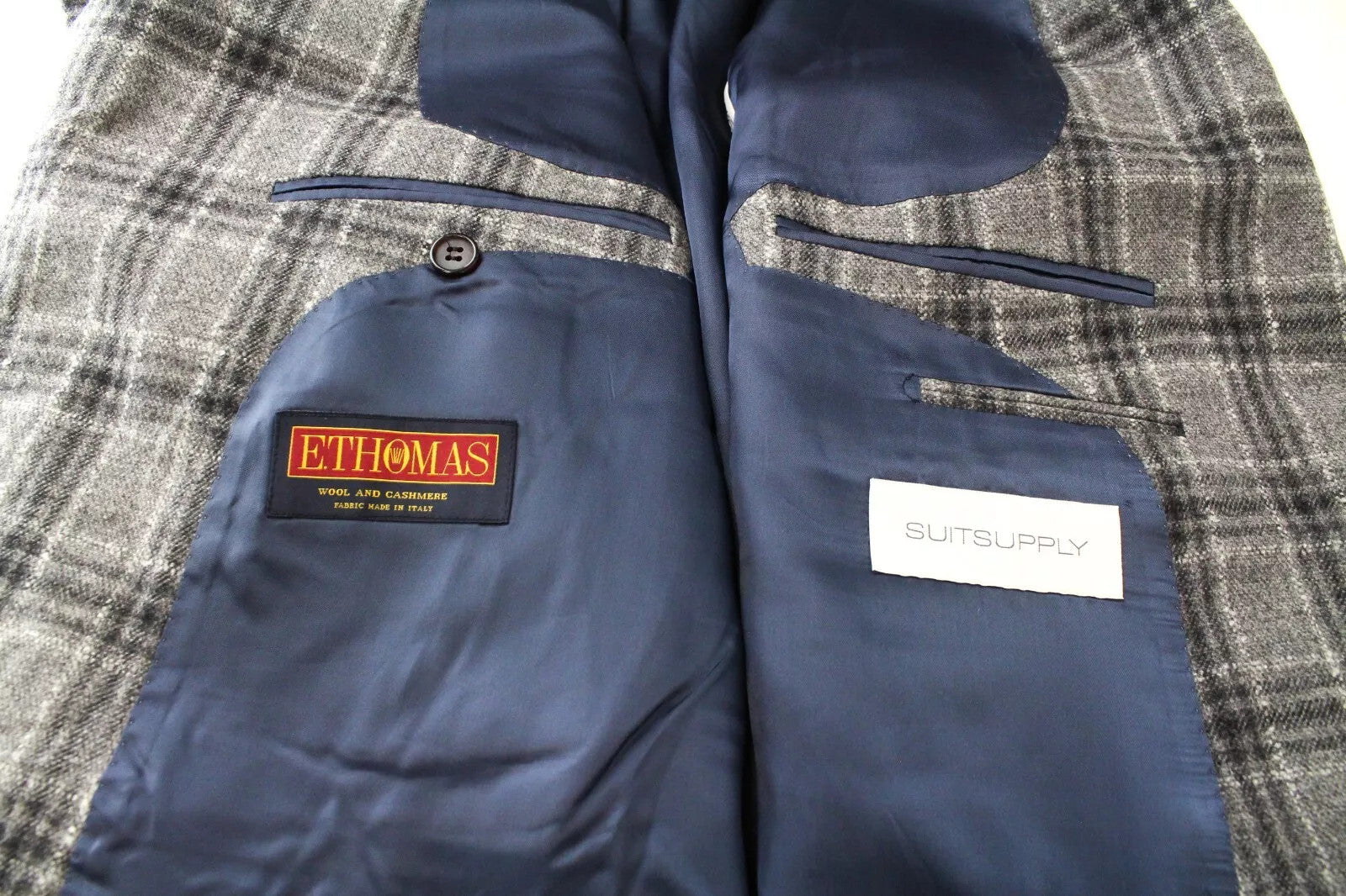 SUITSUPPLY UK54R vyriškas švarkas pilkas languotas havanos vilnonis kašmyro pamušalas 