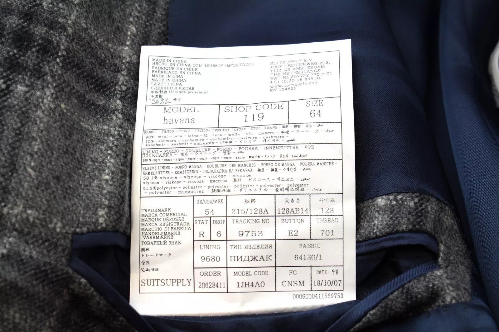 SUITSUPPLY UK54R vyriškas švarkas pilkas languotas havanos vilnonis kašmyro pamušalas 