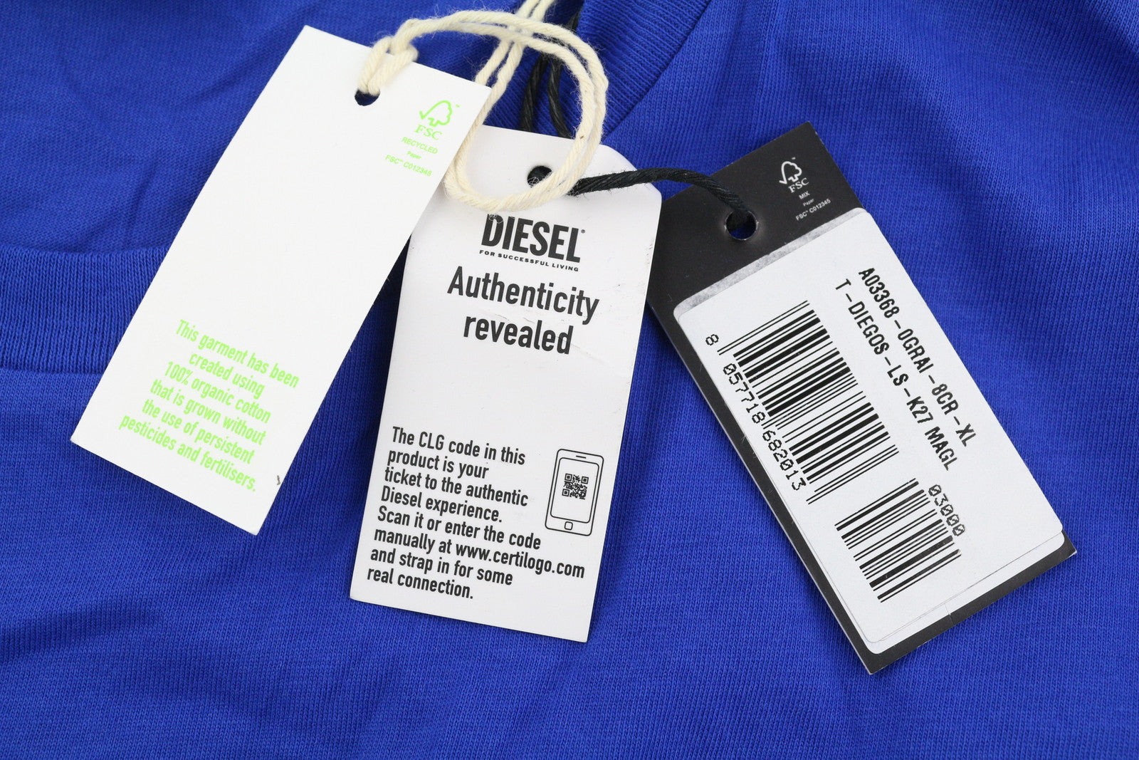 DIESEL T-Diegos-LS-K27 vyriški marškinėliai, mėlyni, megztiniai su apvalia kaklu ir logotipu, medvilniniai