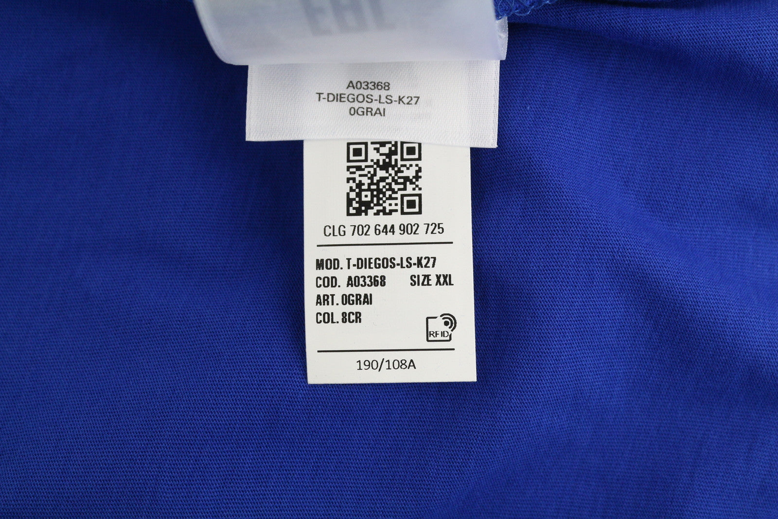 DIESEL T-Diegos-LS-K27 vyriški marškinėliai su mėlyna apykakle ir logotipu, 2XL dydžio. 