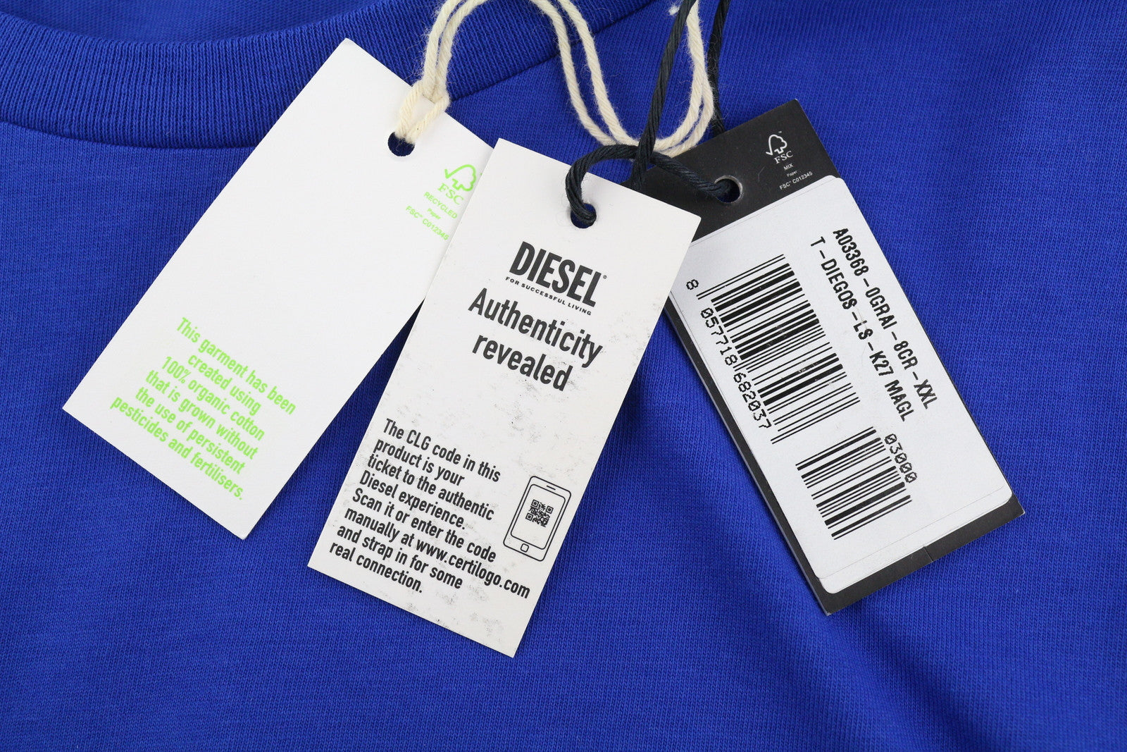 DIESEL T-Diegos-LS-K27 vyriški marškinėliai su mėlyna apykakle ir logotipu, 2XL dydžio. 