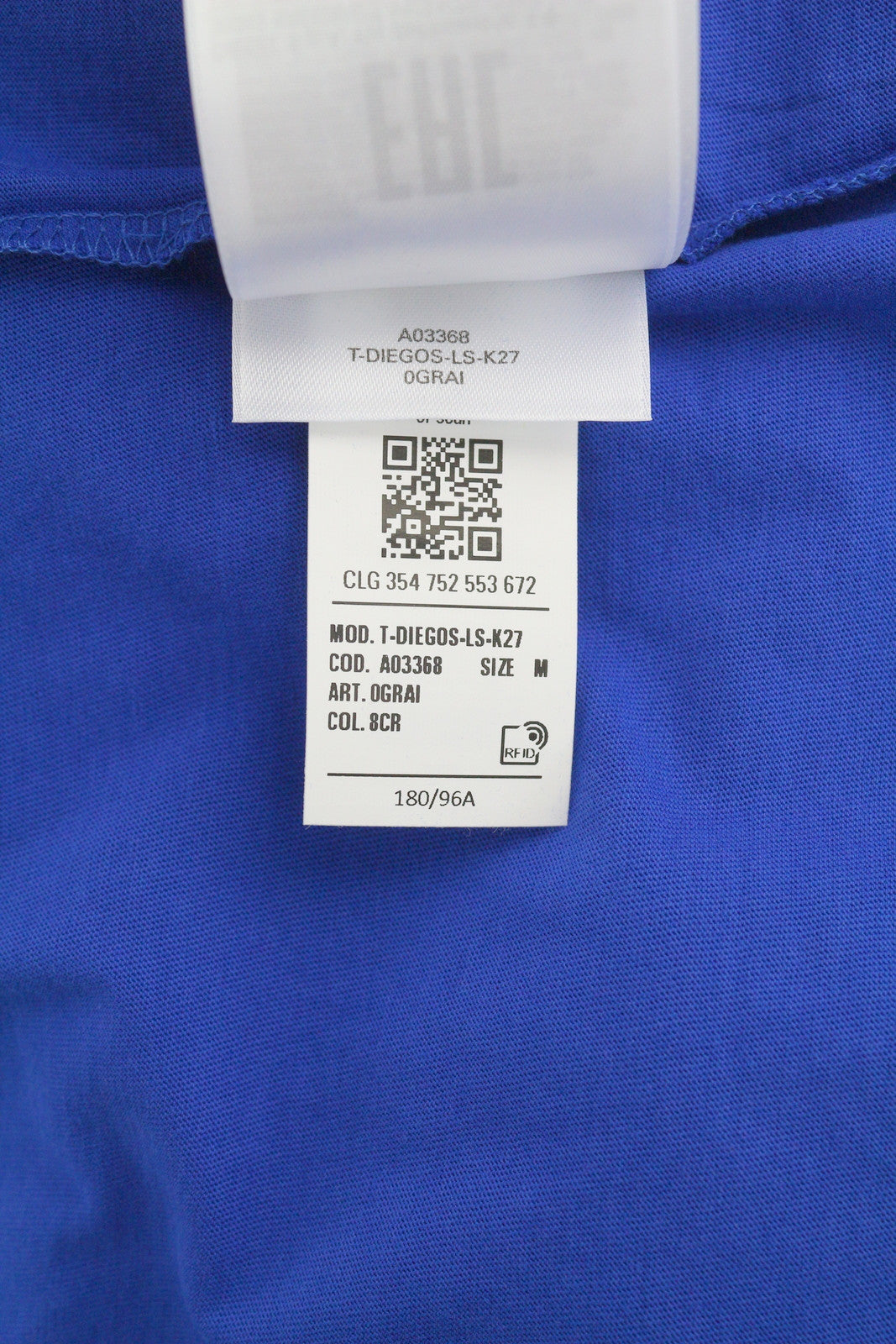 DIESEL T-Diegos-LS-K27 vyriški marškinėliai M vidutinio mėlynumo, megztinis su apvalia kaklo iškirpte ir logotipu, medvilniniai 