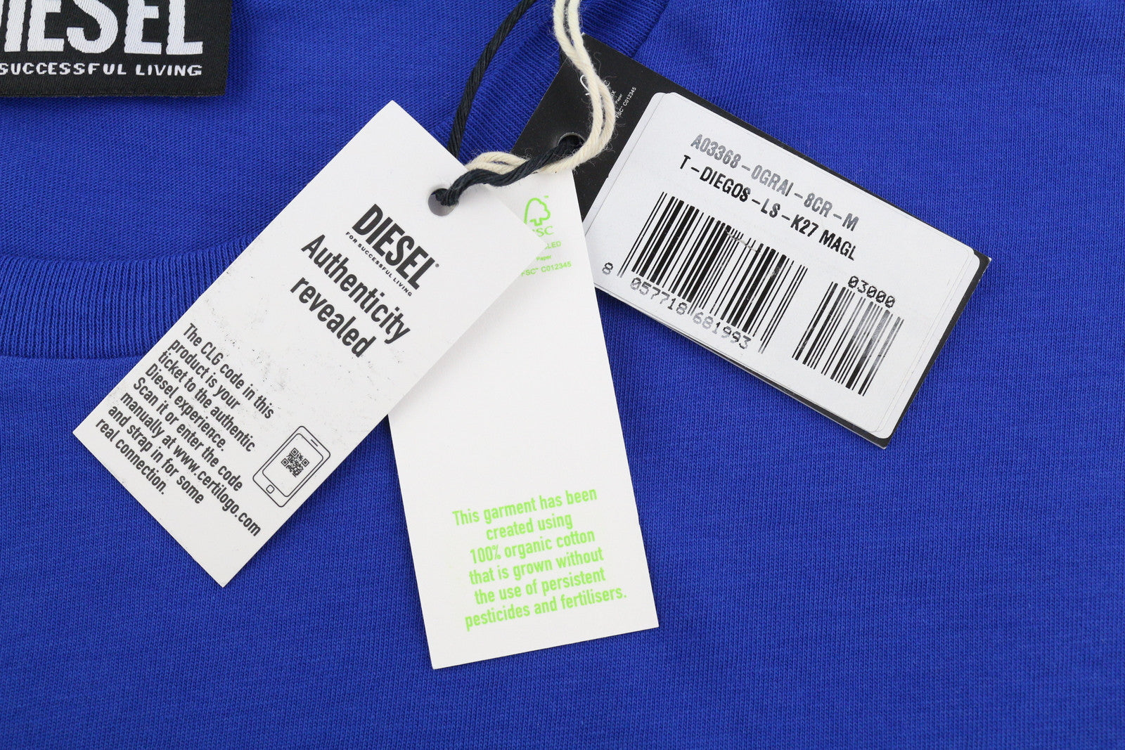 DIESEL T-Diegos-LS-K27 vyriški marškinėliai M vidutinio mėlynumo, megztinis su apvalia kaklo iškirpte ir logotipu, medvilniniai 