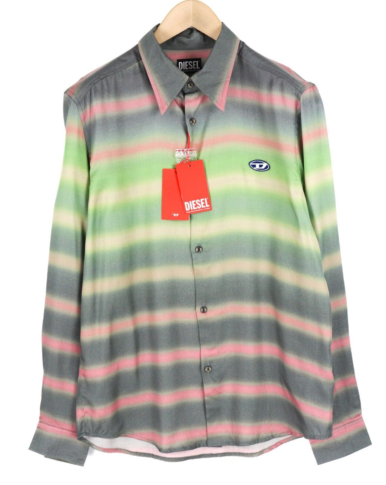 DIESEL vyriški marškinėliai S-Tucker dryžiais, XL dydžio, RRP150, raštuoti, sagomis užsegami, platėjančios apykaklės. 