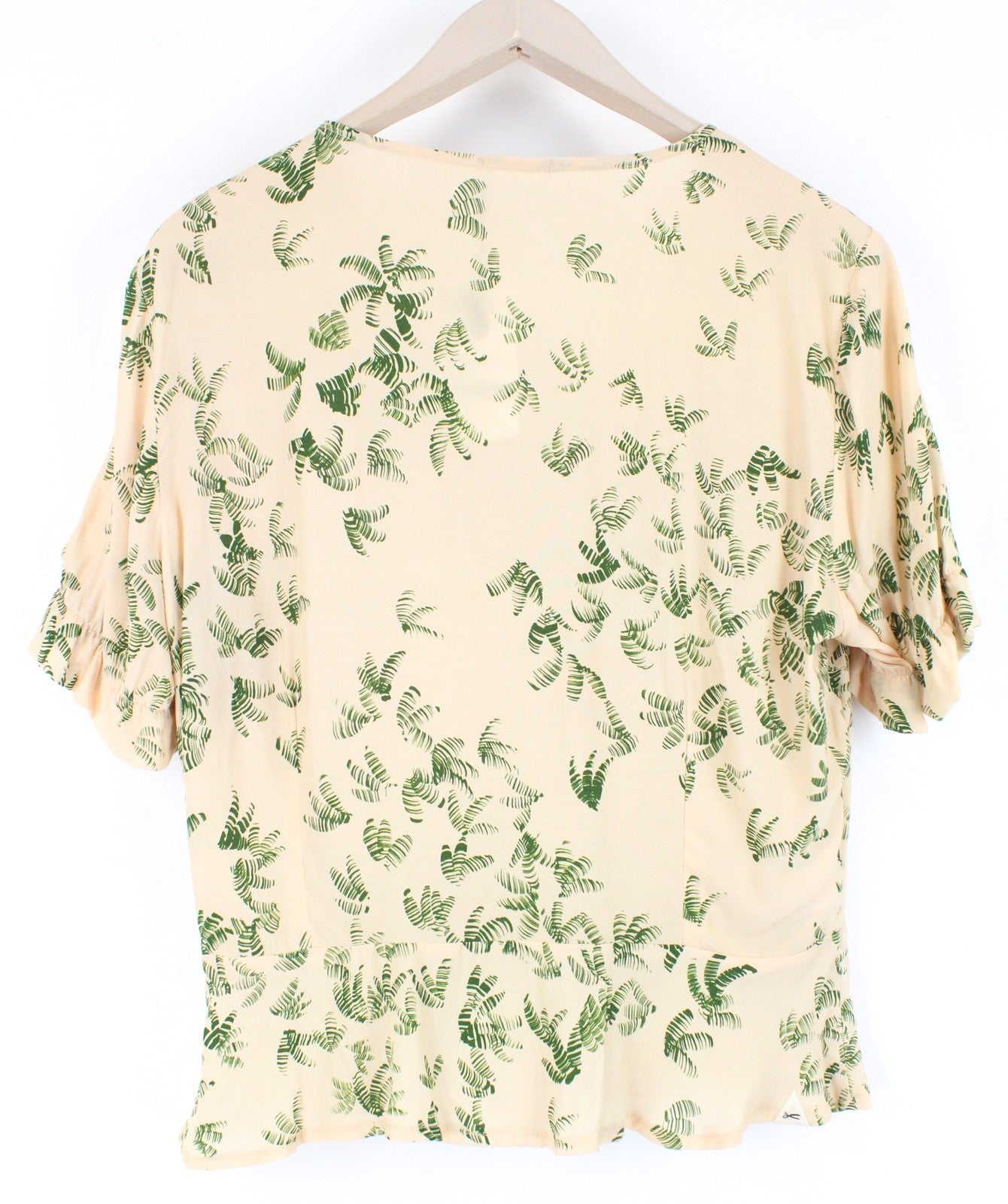 DENHAM Thelma T-Shirt Beige V-Neck Palm Pattern L Short Lightweight for Women