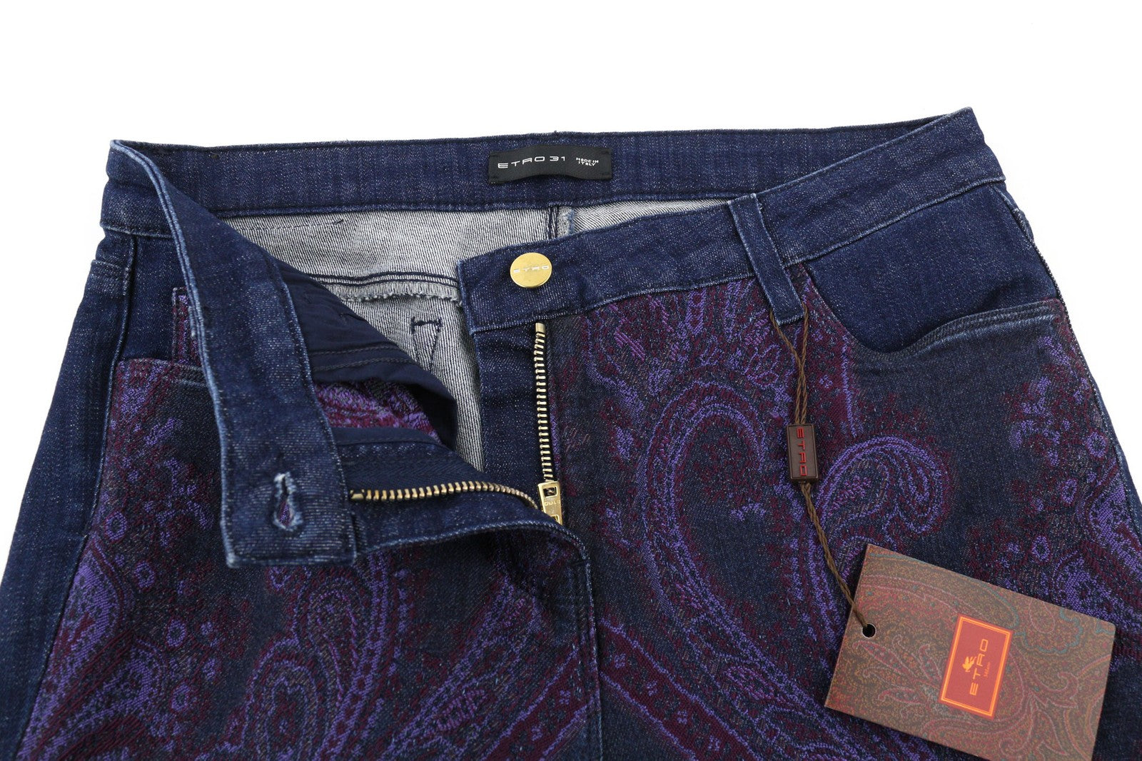 ETRO moteriški džinsai W31, aptempti, mėlyni, tamprūs, raštuoti, 599 € 