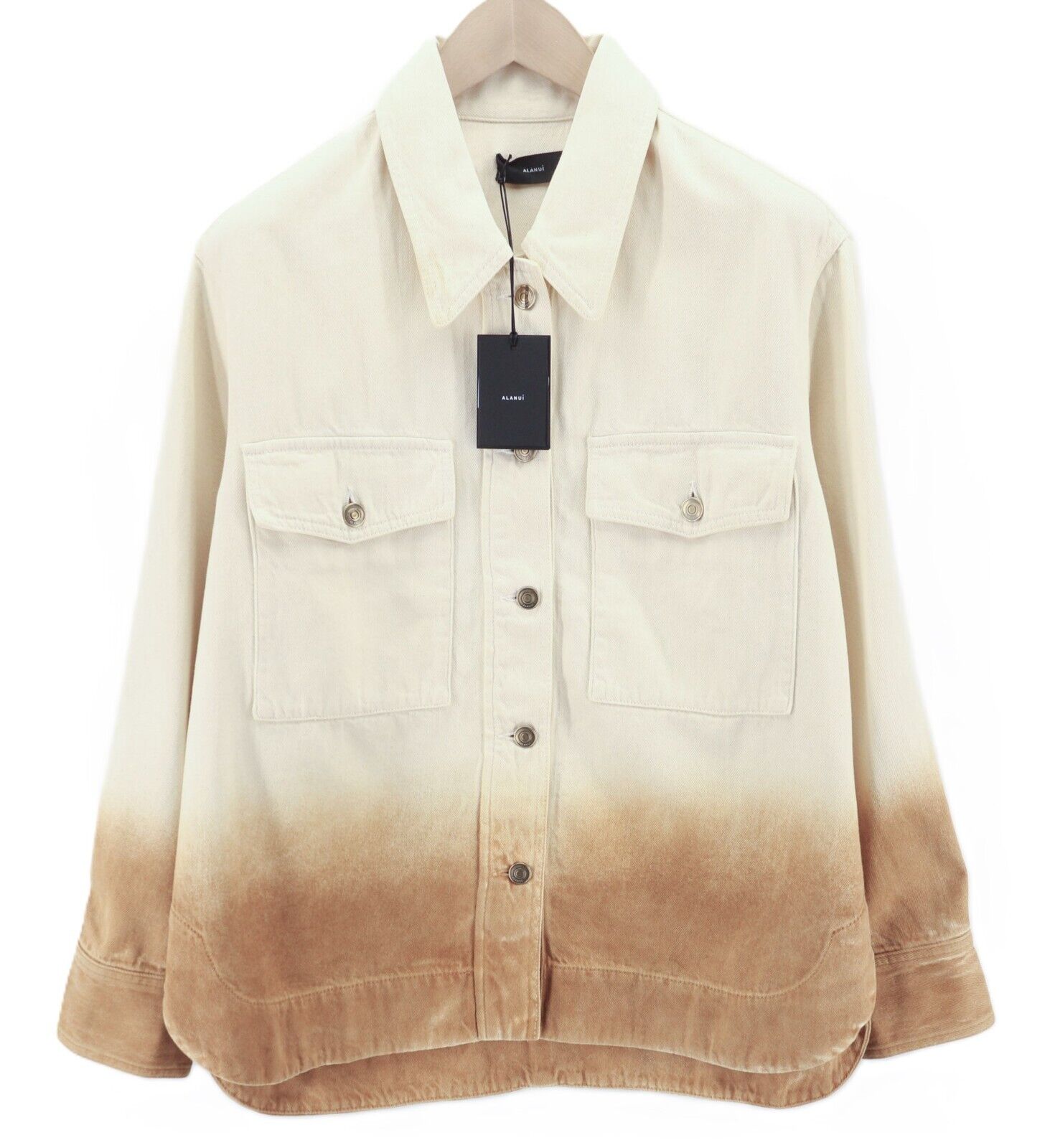 ALANUI ryškių atspalvių moteriškas švarkas L, smėlio spalvos, rudas, neapdorotas marškinėlių palaidinės formos švarkas, rekomenduojama kaina – 999 € 
