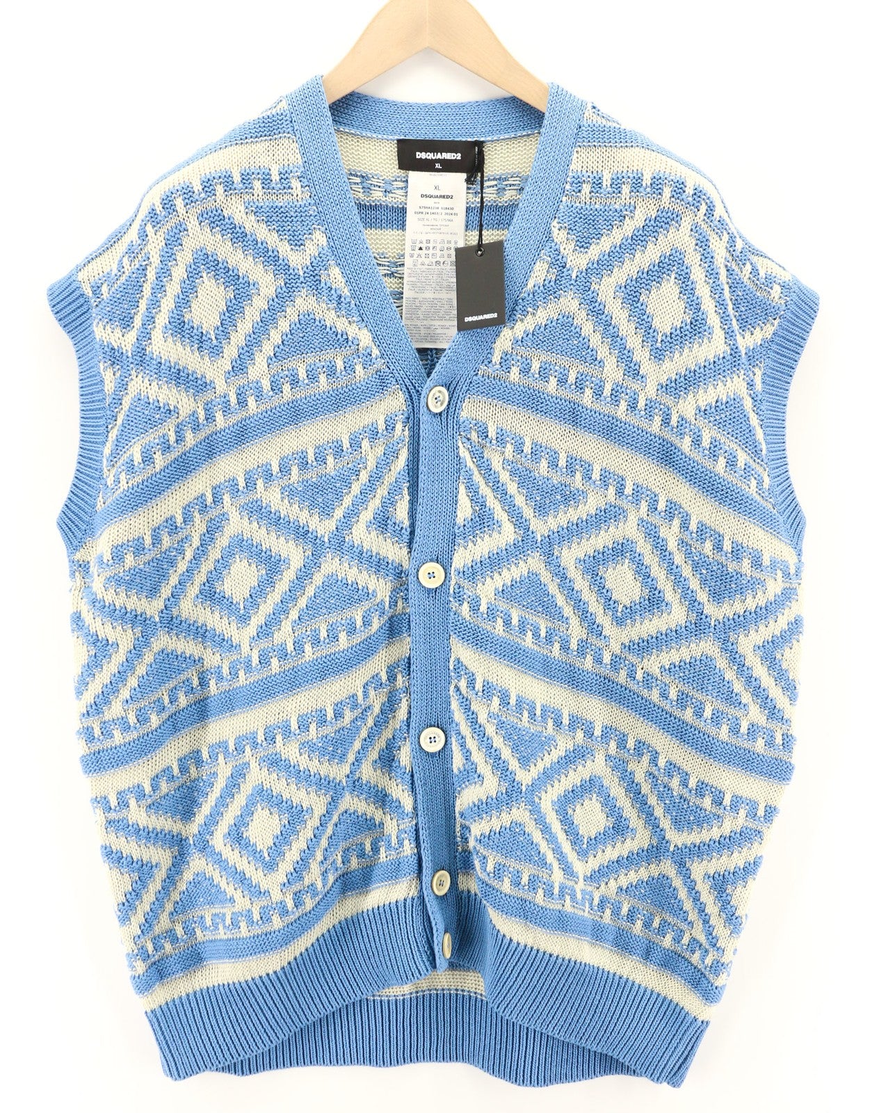DSQUARED2 moteriškas megztinis XL dydžio mėlynai balta medvilninė tampri megzta raštuota liemenė 