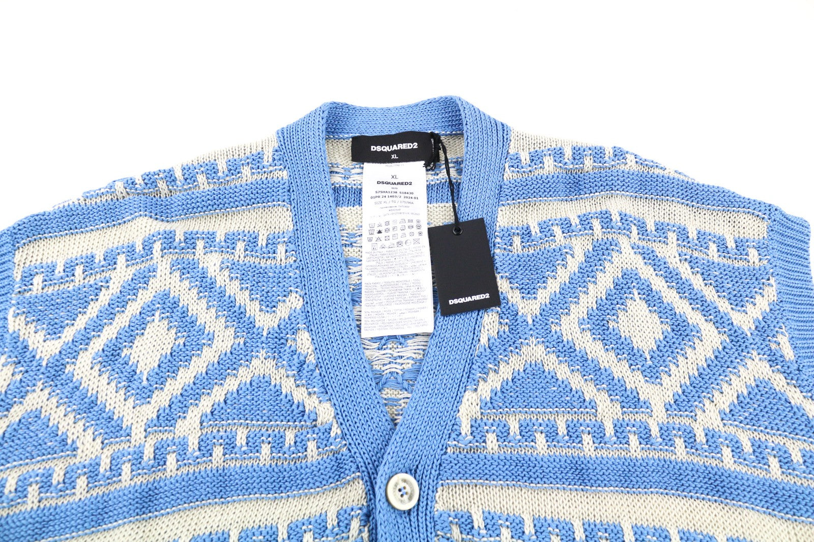 DSQUARED2 moteriškas megztinis XL dydžio mėlynai balta medvilninė tampri megzta raštuota liemenė 