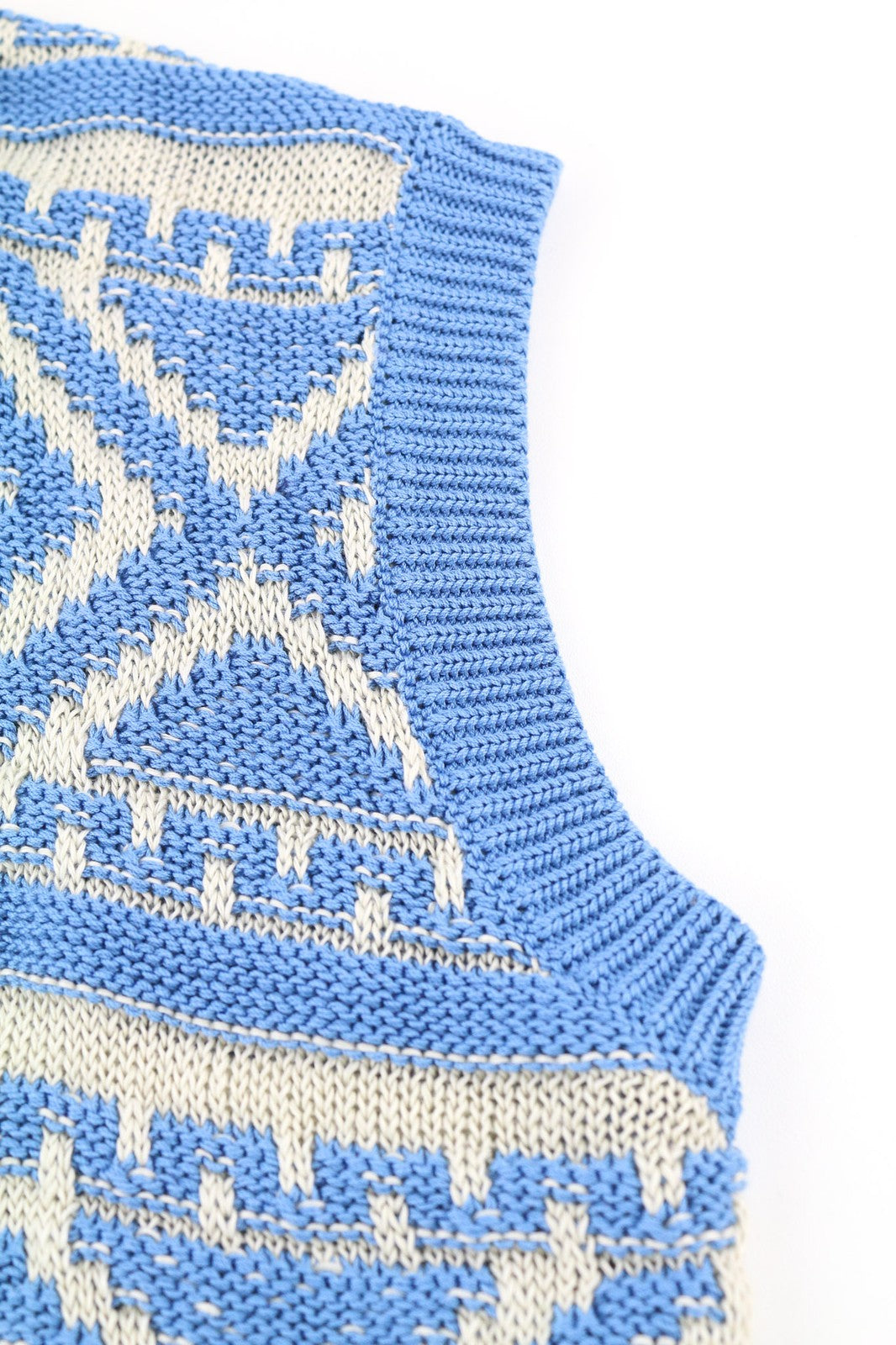 DSQUARED2 moteriškas megztinis XL dydžio mėlynai balta medvilninė tampri megzta raštuota liemenė 