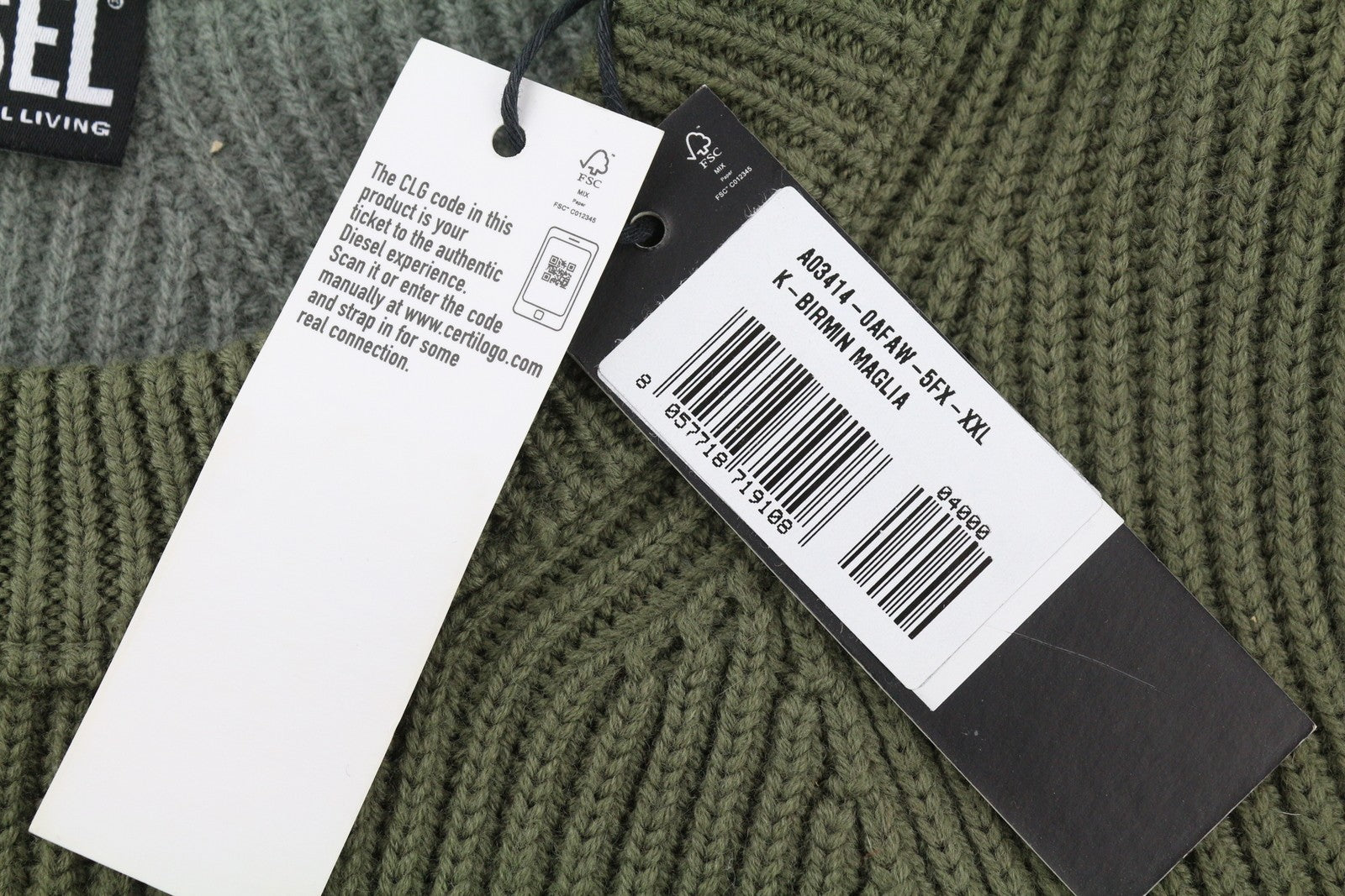 DIESEL K-Birmin vyriškas megztinis su apvalia kaklo iškirpte, vilnoniu tampriu logotipu, 2XL spalvos, chaki spalvos 