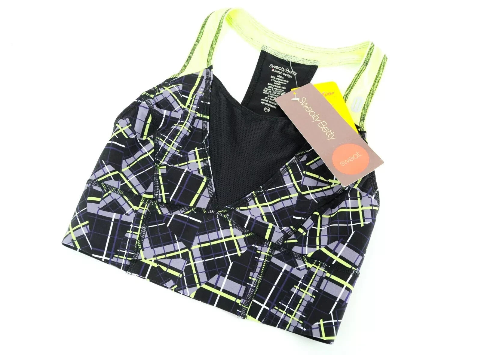 SWEATY BETTY Homestraight Run 2XS Sports Bra Black Print Stretch  Womens