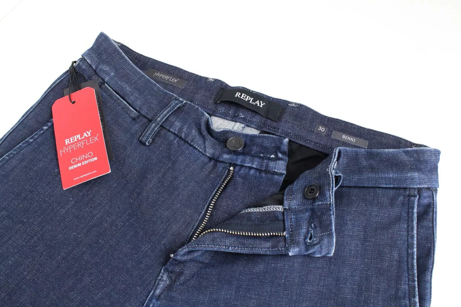 REPLAY Benni vyriški W30 L32 Chino Hyperflex mėlyni džinsai su tampriu gobtuvu 