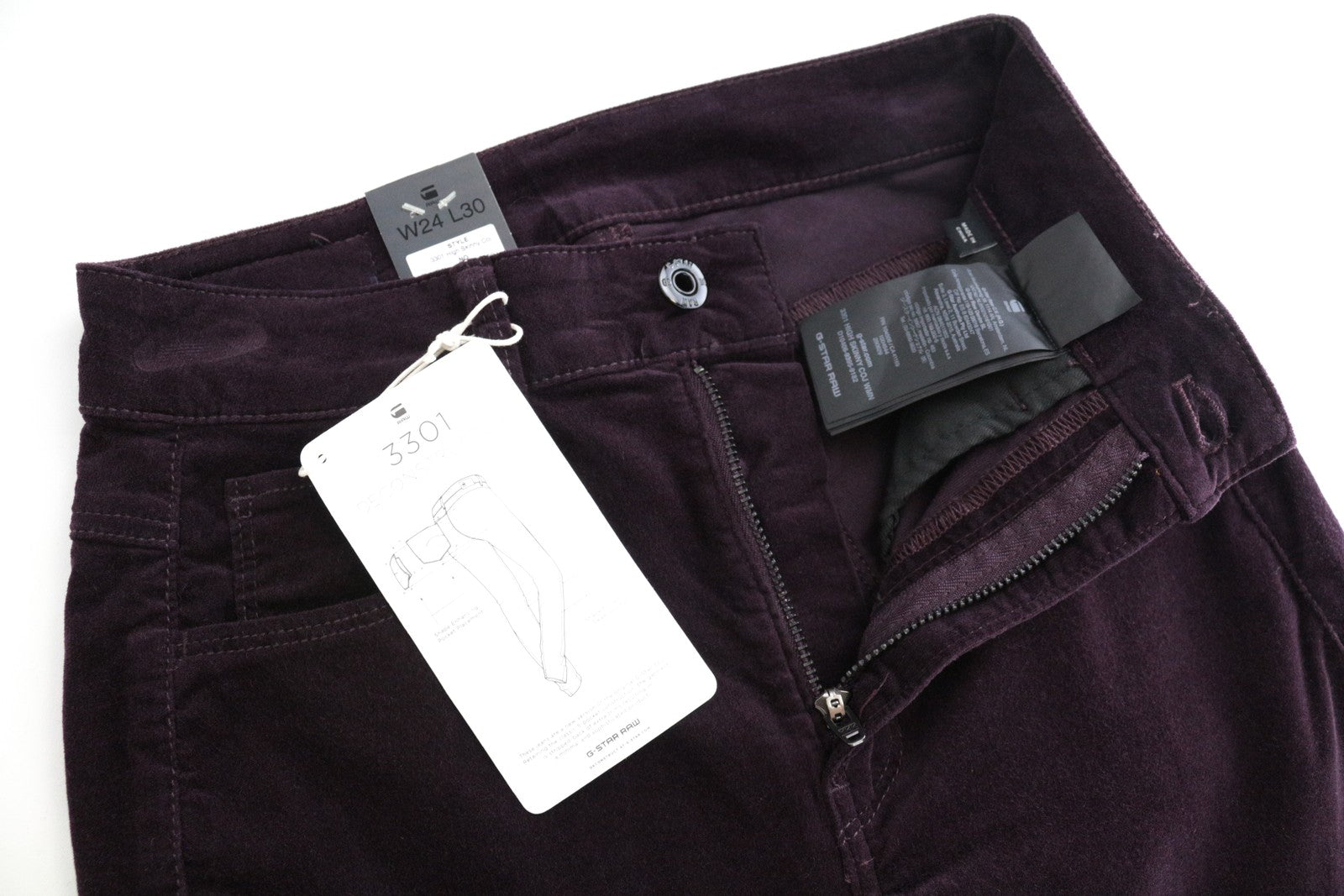 G-STAR RAW moteriškos W24 L30 violetinės velveto aptemptos medvilnės kelnės 