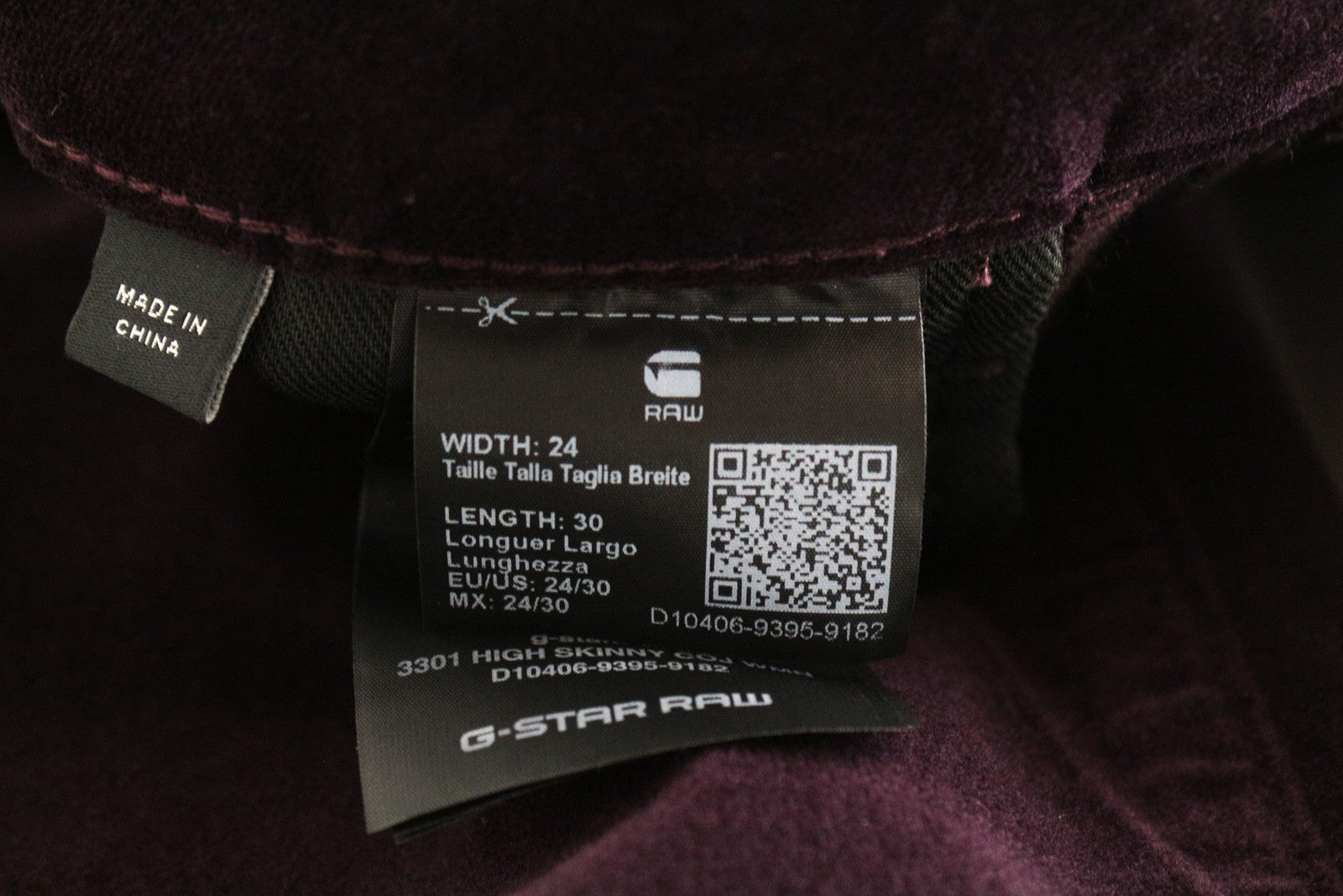 G-STAR RAW moteriškos W24 L30 violetinės velveto aptemptos medvilnės kelnės 