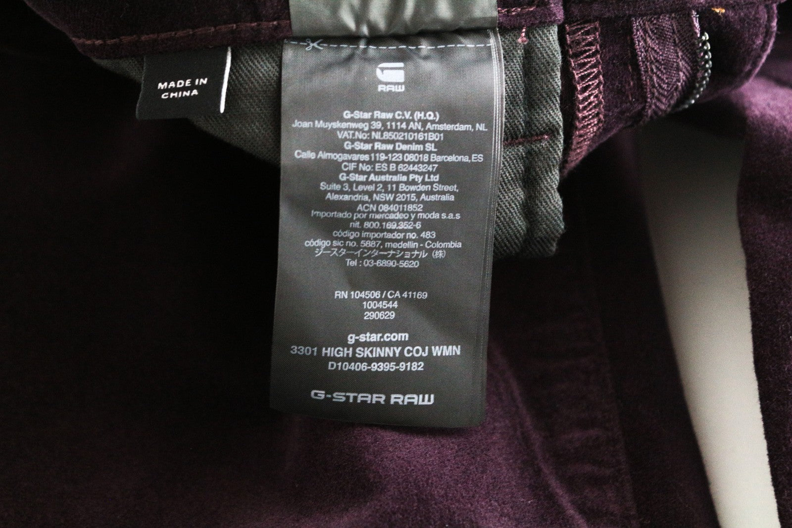 G-STAR RAW moteriškos W24 L30 violetinės velveto aptemptos medvilnės kelnės 