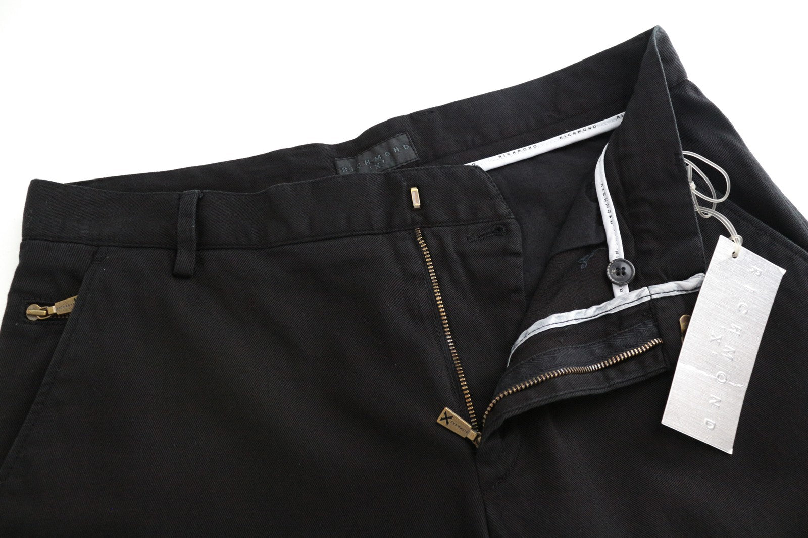 RICHMOND Men's Trousers 48 Black Cotton Stretch Casual Pleated Front Fit