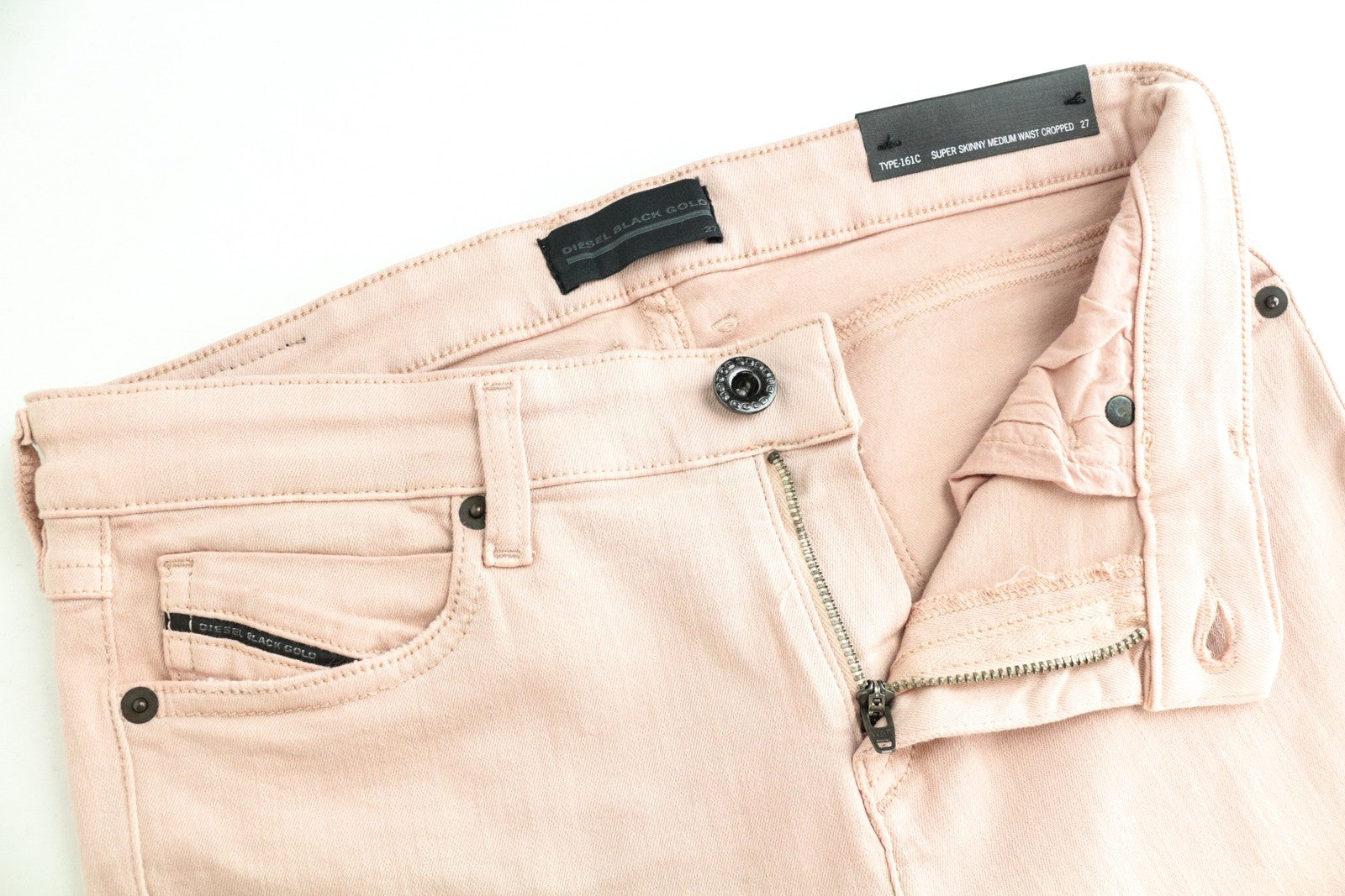 DIESEL BLACK GOLD Type-161C BG8M1 moteriškos W27 rožinės itin aptemptos trumpintos tamprios kelnės 