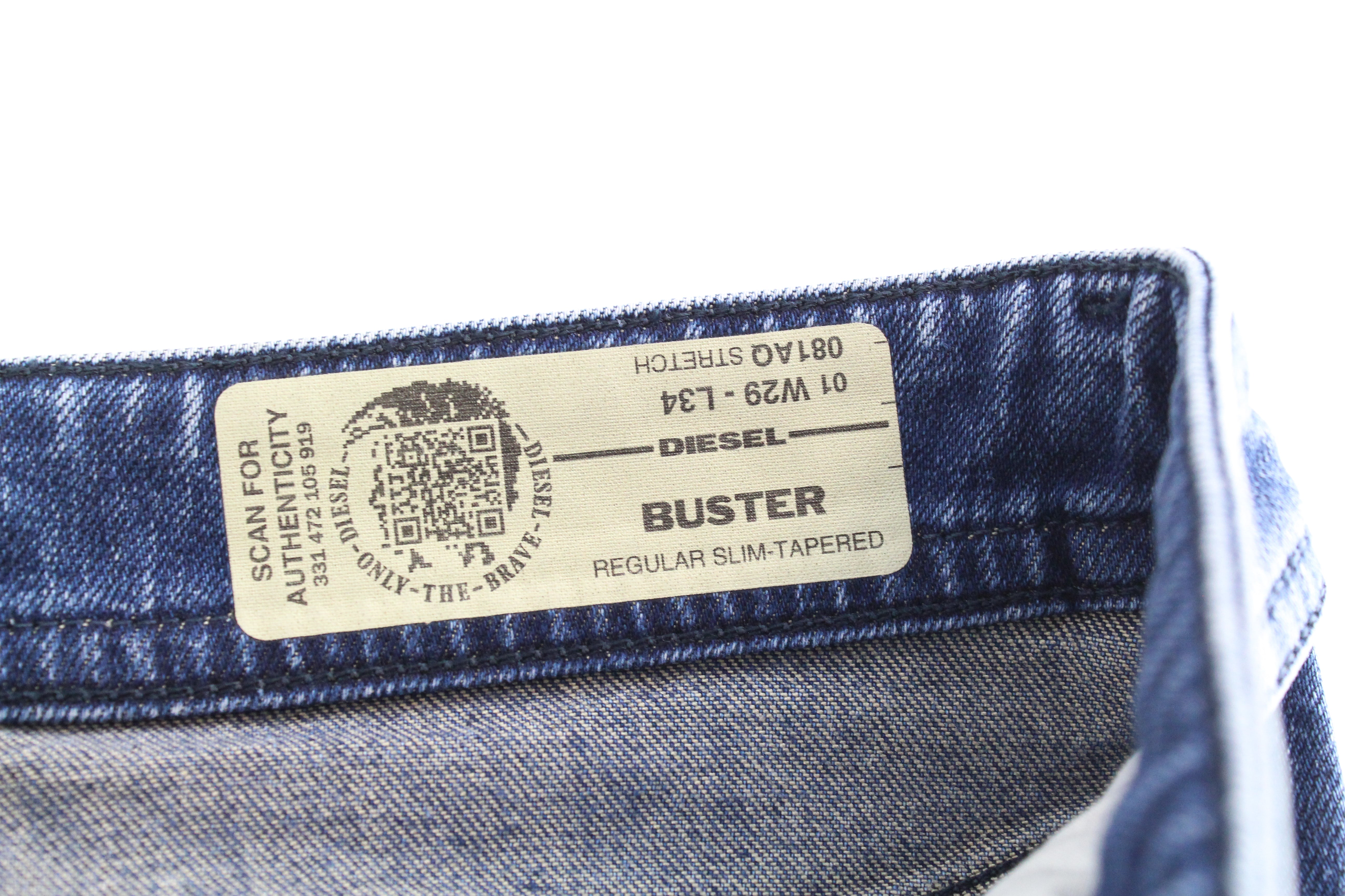DIESEL Buster 081AQ vyriški džinsai W29 L34 mėlyni, siaurėjantys, ploni, tamprūs. 
