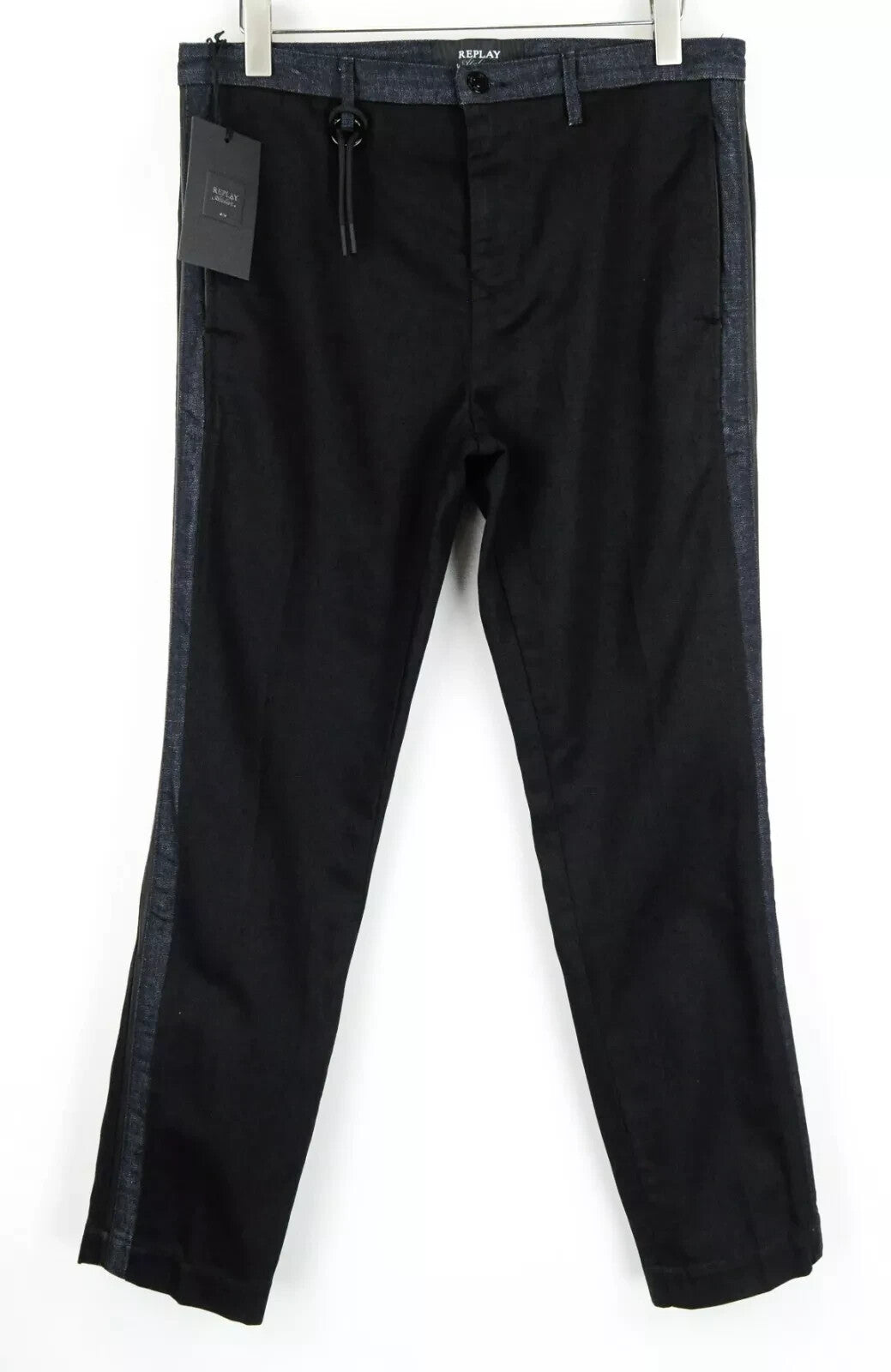 REPLAY Atelier Slim W34 L30 vyriški džinsai su užtrauktuku ir kišenėmis, juodos ir mėlynos medvilninės kelnės 