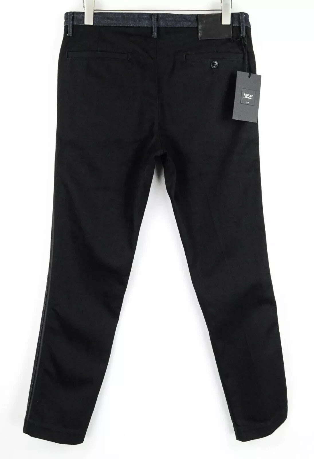 REPLAY Atelier Slim W34 L30 vyriški džinsai su užtrauktuku ir kišenėmis, juodos ir mėlynos medvilninės kelnės 