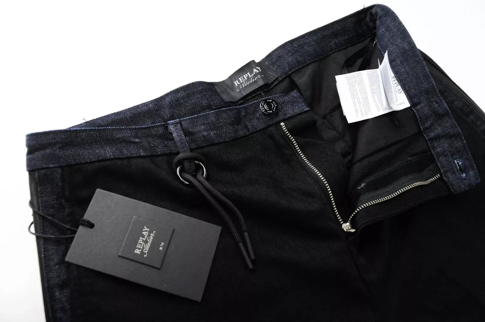 REPLAY Atelier Slim W34 L30 vyriški džinsai su užtrauktuku ir kišenėmis, juodos ir mėlynos medvilninės kelnės 