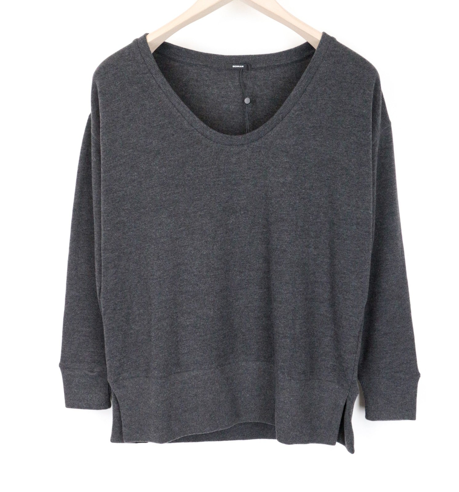 DENHAM Showa Women's XS Knit Jumper Grey Scoop Neck Tight Fit Stretch Sweater