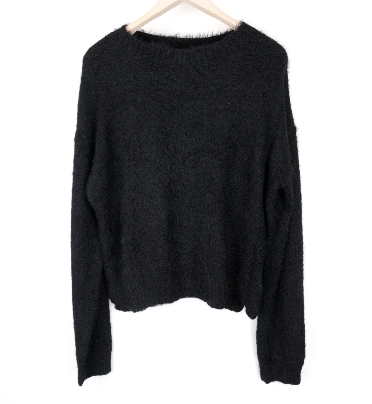 DENHAM Nikko moteriškas L dydžio juodas megztinis su vilnoniu apvaliu raštu, prigludęs, minkšto stiliaus megztinis 