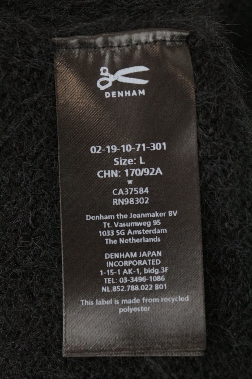 DENHAM Nikko moteriškas L dydžio juodas megztinis su vilnoniu apvaliu raštu, prigludęs, minkšto stiliaus megztinis 