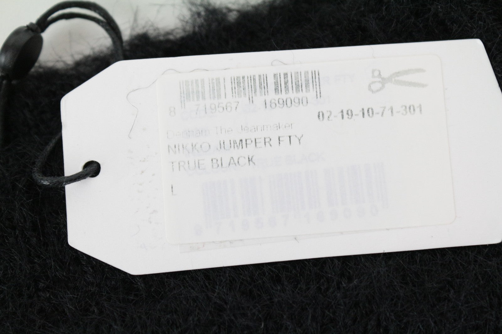 DENHAM Nikko moteriškas L dydžio juodas megztinis su vilnoniu apvaliu raštu, prigludęs, minkšto stiliaus megztinis 