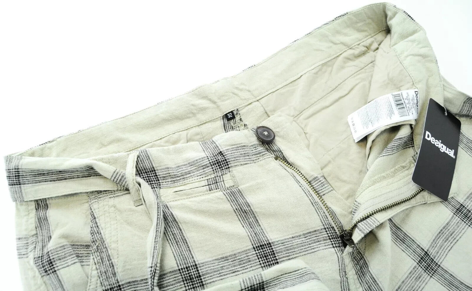 DESIGUAL Marc 32 Checked Linen Shorts Pocketed Printed Summer Mens Cargo