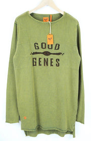 GOOD GENES L gebenės žalios spalvos megztinis su apvalia kaklo iškirpte, ilgas vyriškas megztinis