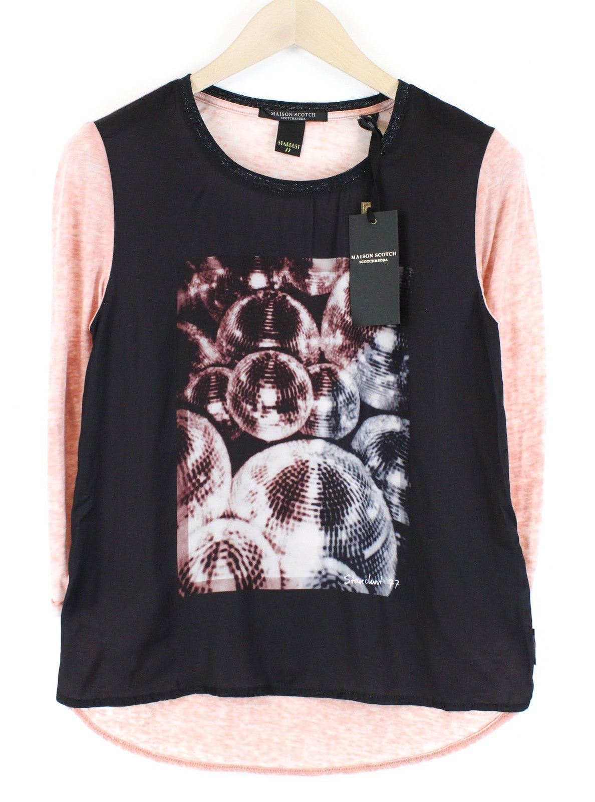 MAISON SCOTCH Women's S Pink Cotton Blend T-Shirt Disco Theme Lightweight