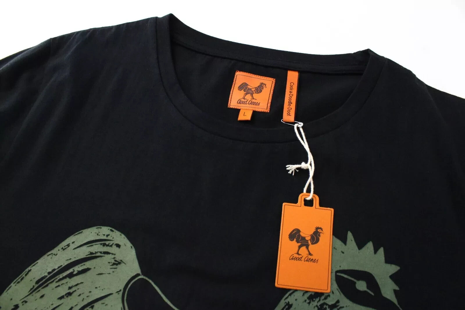 GOOD GENES vyriški marškinėliai L dydžio su „Rooster“ grafika, juodi medvilniniai apvalios kaklo iškirptės marškinėliai 